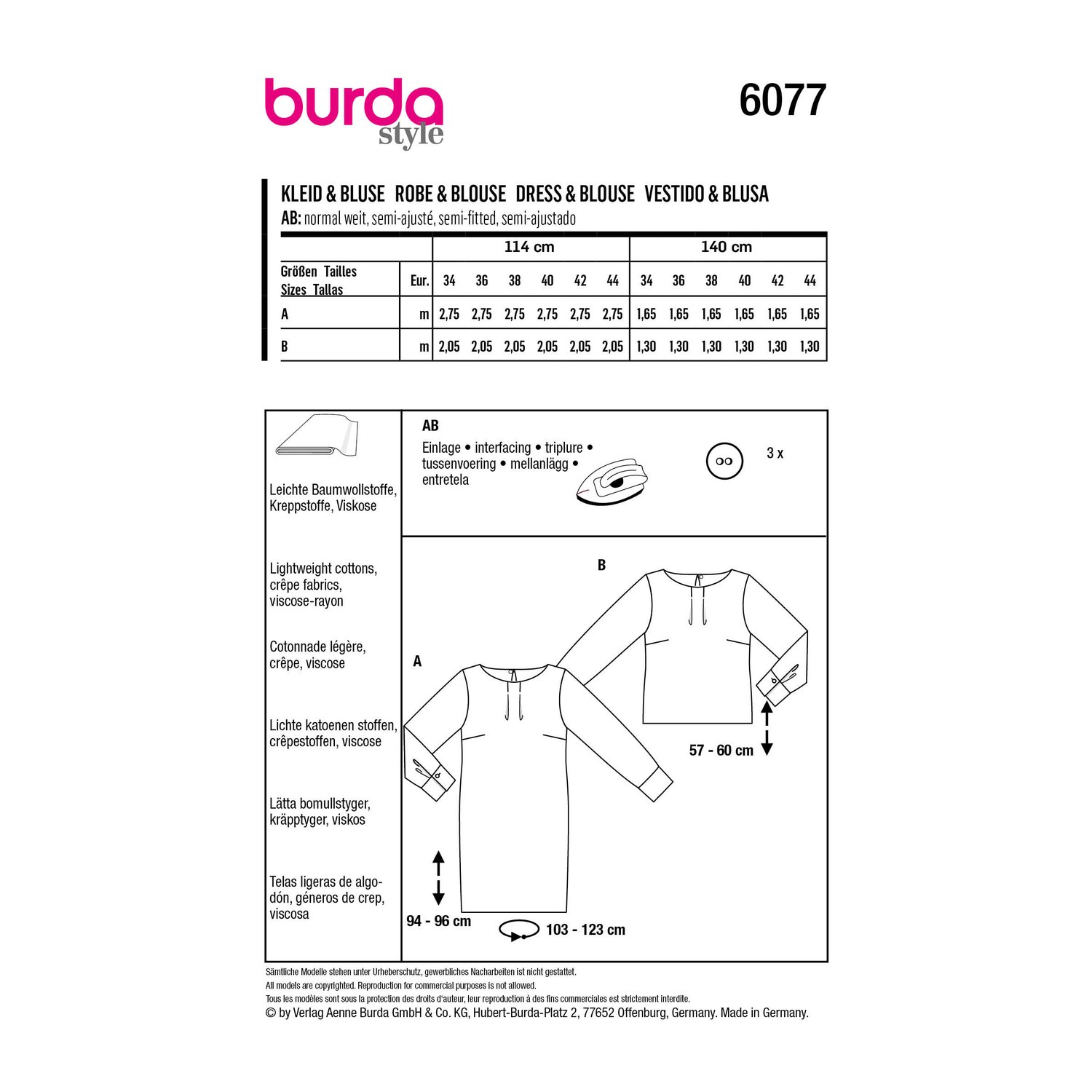 burda style Schnittmuster 6077: Kleid und Bluse mit Manschetten, Rückseite der Schnittmustertüte mit Stoffverbrauch