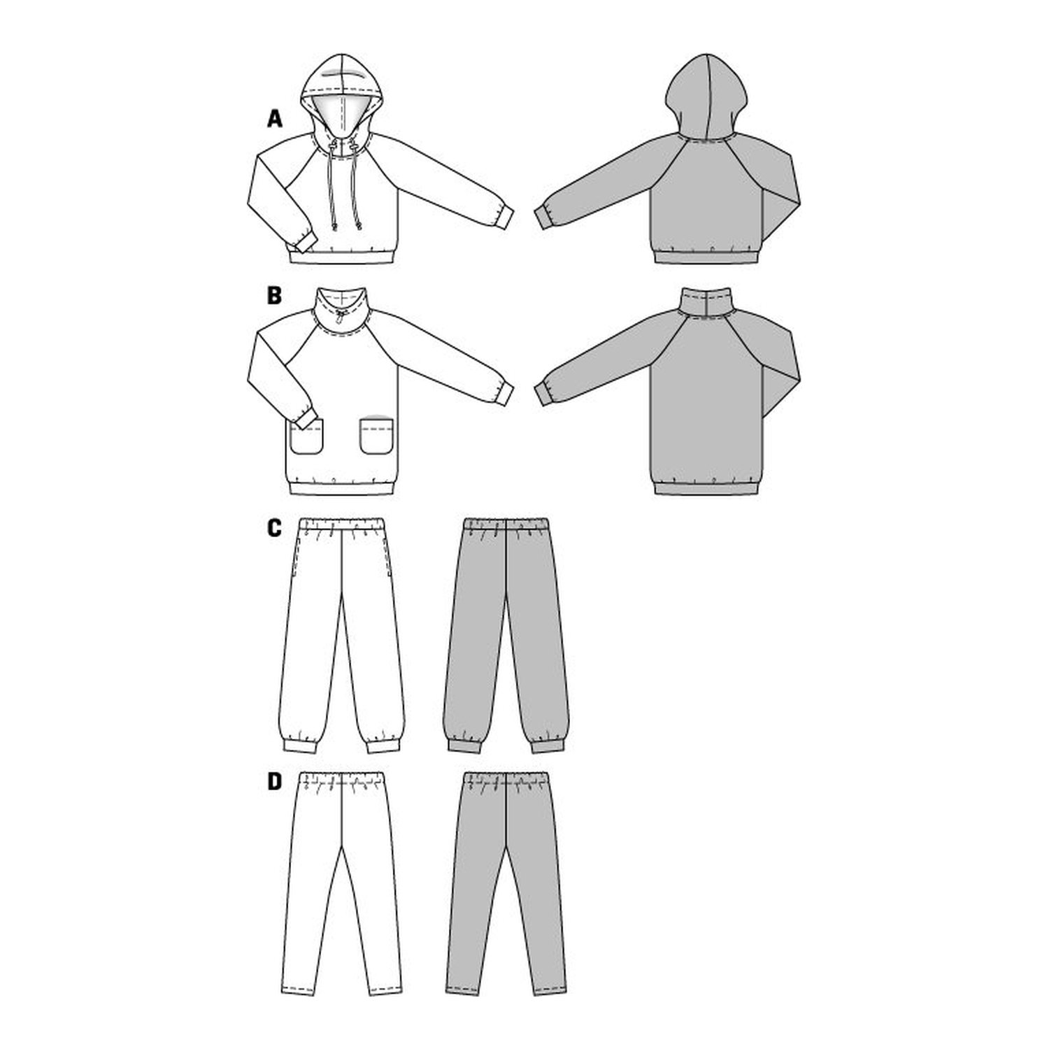 burda style Schnittmuster 9482: Kapuzenshirt, Hose und Leggings, Technische Zeichnung