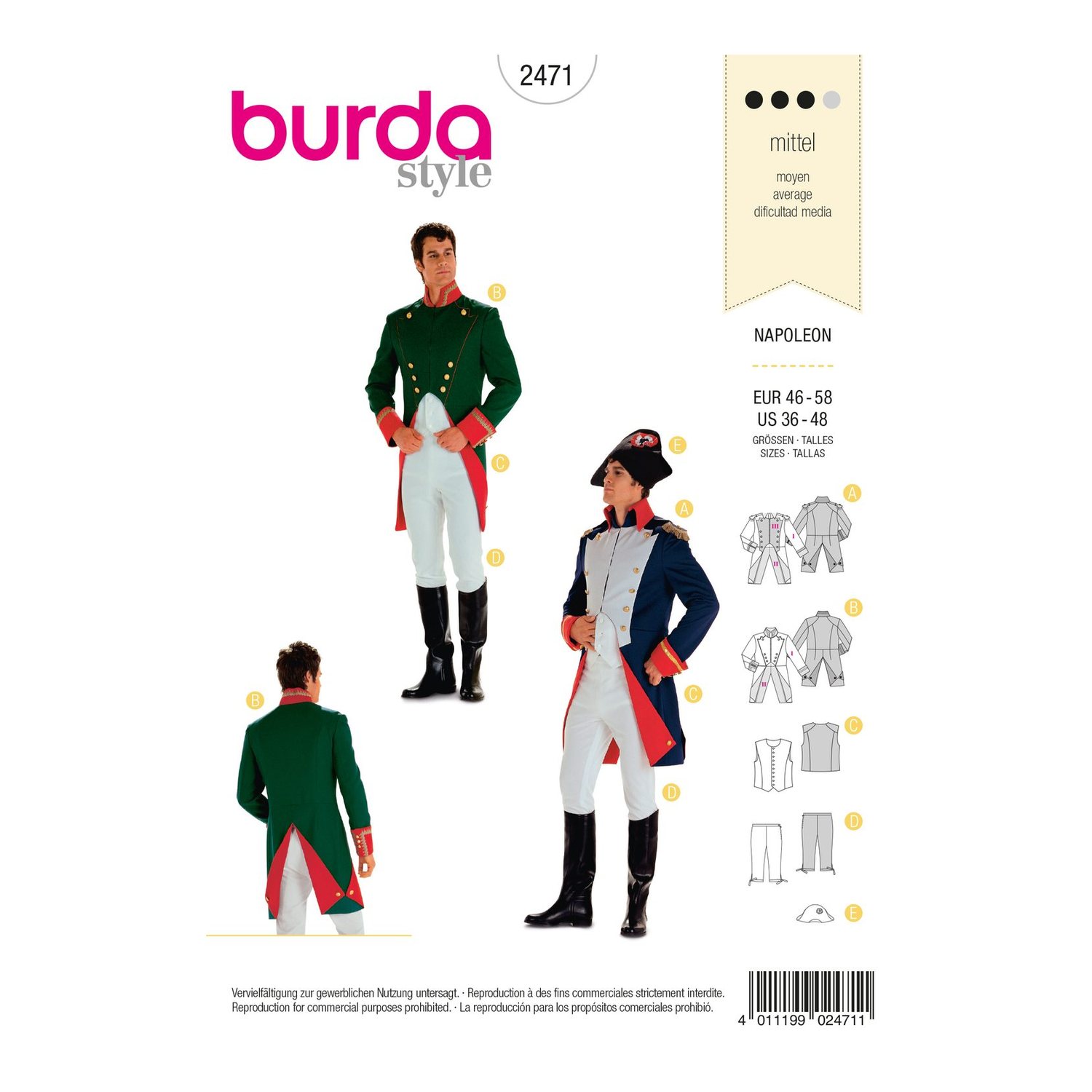 burda style Schnittmuster 2471: Napoleon-Kostüm mit Uniformjacke, Vorderseite der Schnittmustertüte