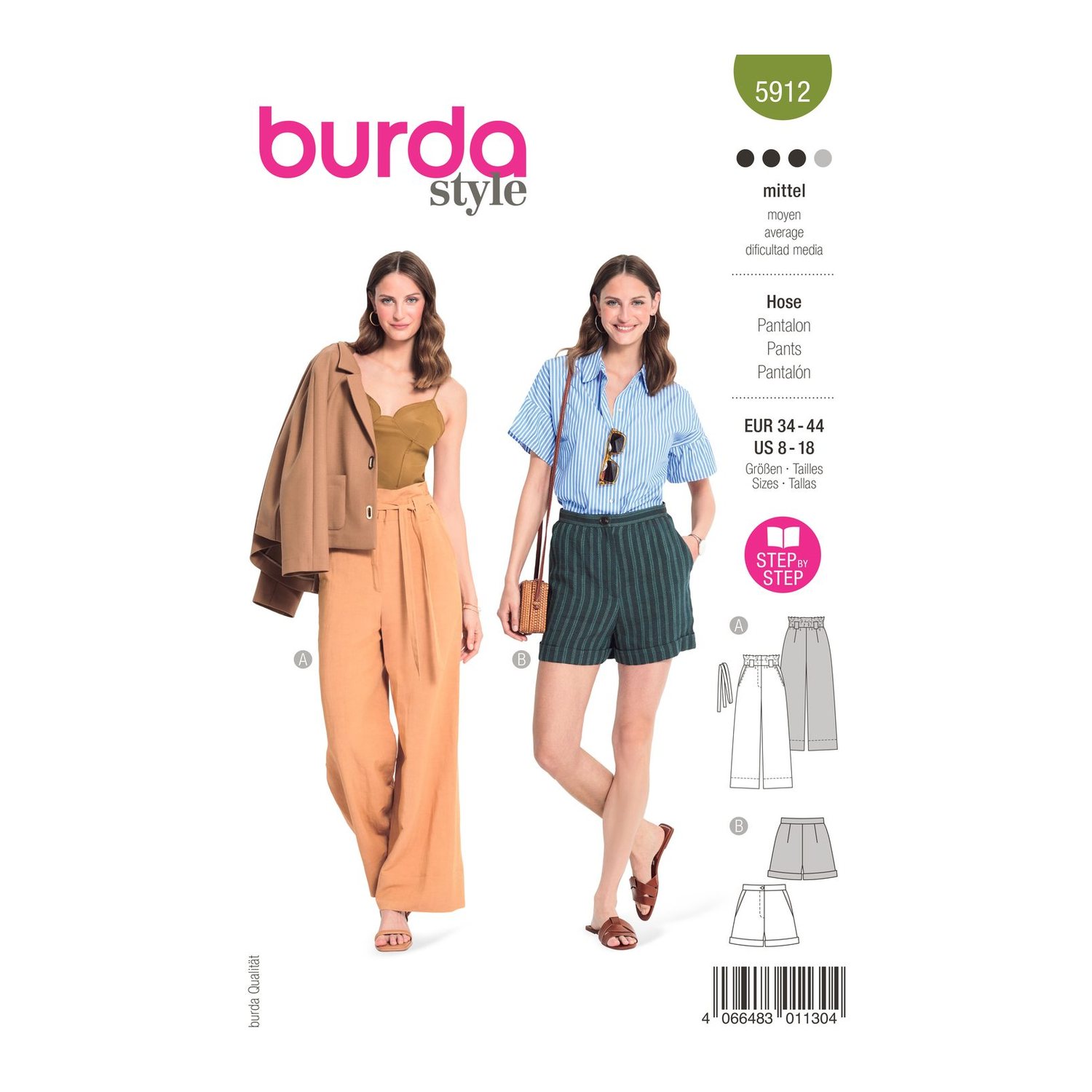 burda style Schnittmuster 5912: Paperbag-Hose und Shorts, Modellfoto 1