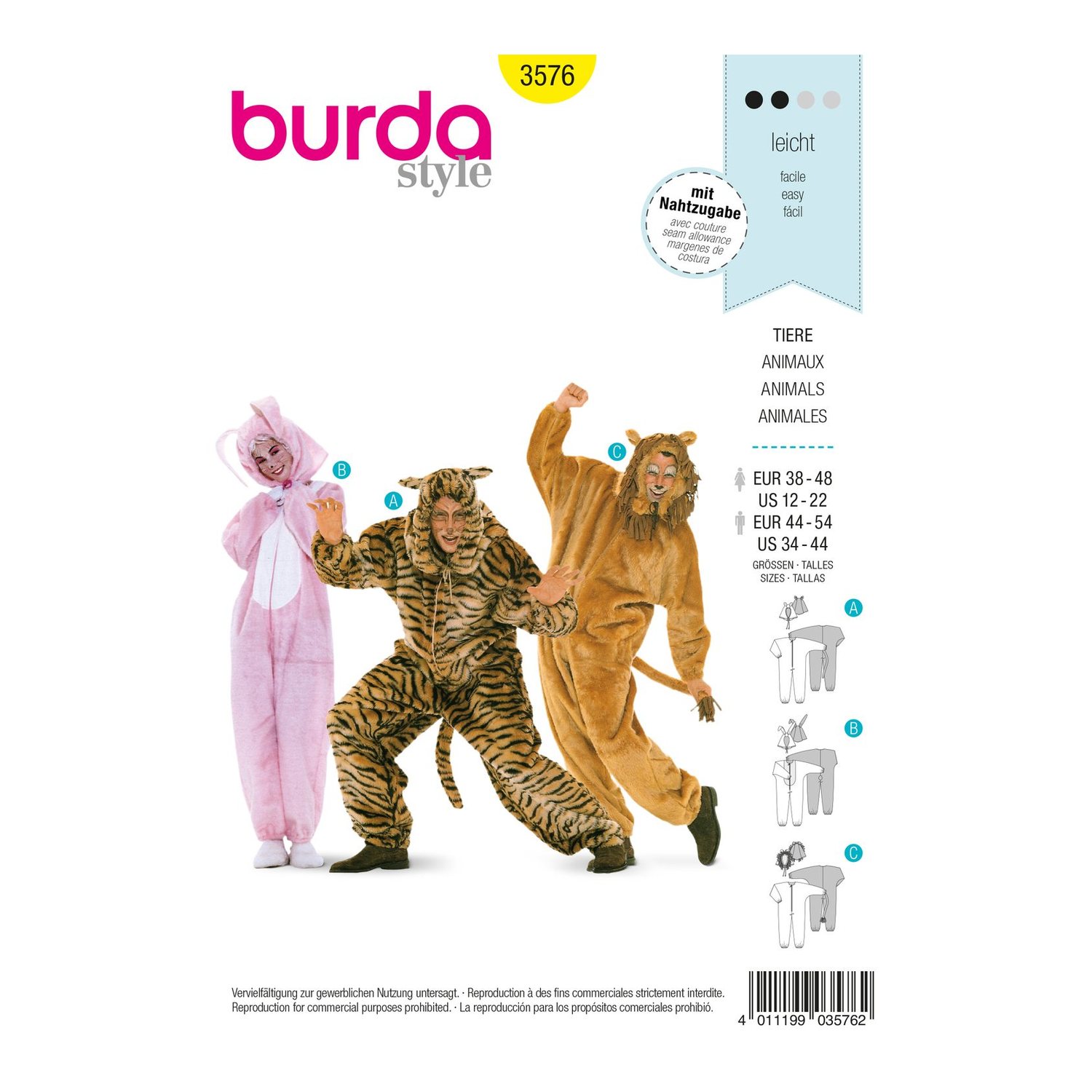 burda style Schnittmuster 3576: Tieroverall für Damen und Herren, Vorderseite der Schnittmustertüte