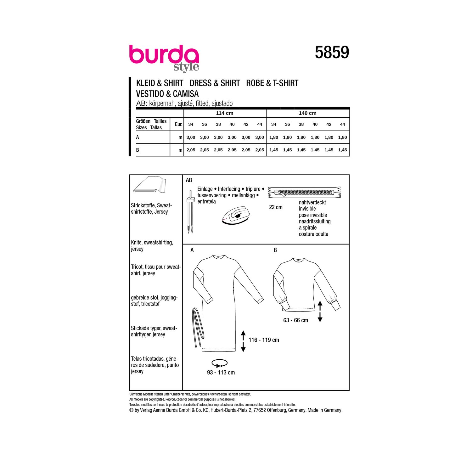 burda style Schnittmuster 5859: Kleid und Shirt mit Rollkragen, Rückseite der Schnittmustertüte mit Stoffverbrauch