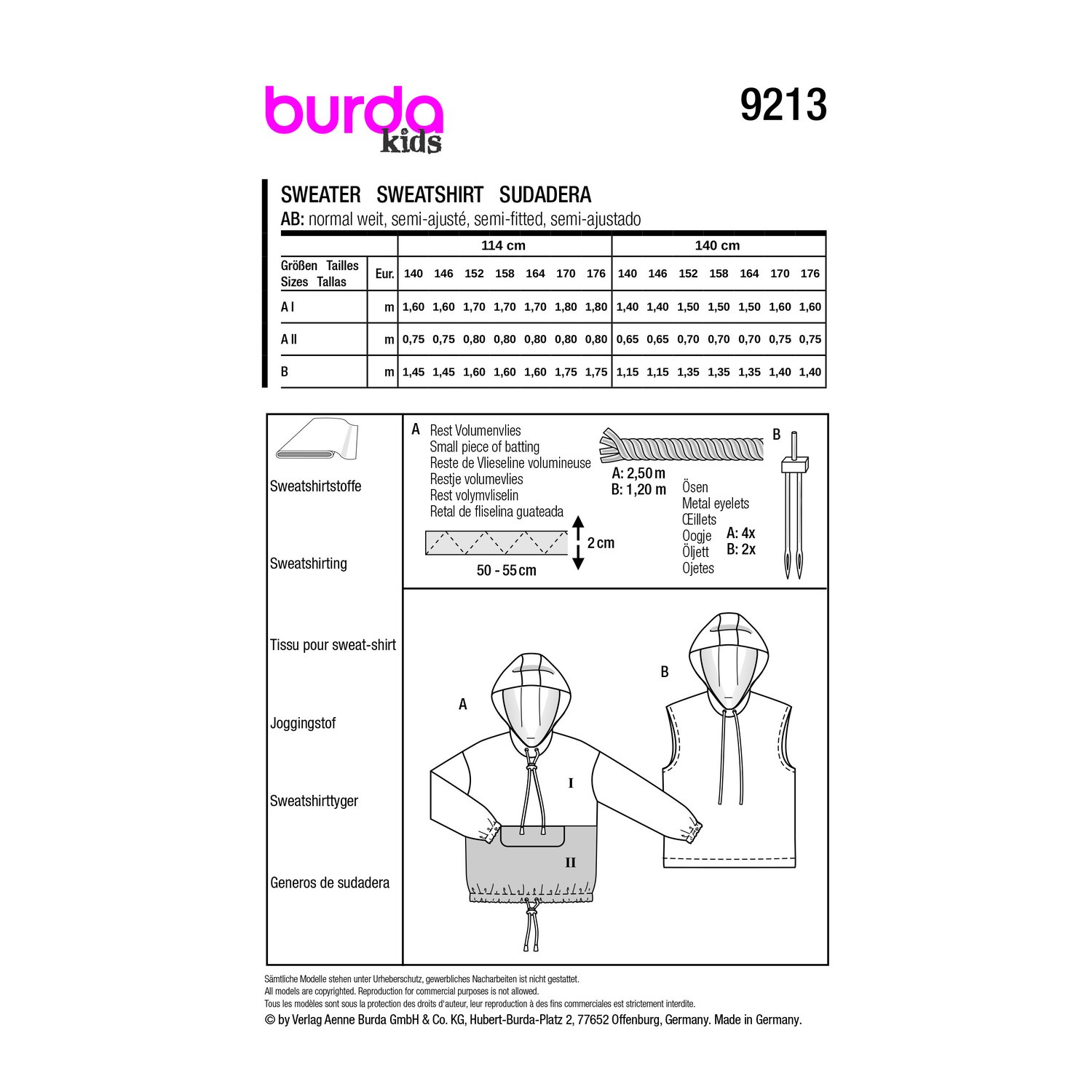 burda style Schnittmuster 9213: Sweater mit Kapuzenkragen, Rückseite der Schnittmustertüte mit Stoffverbrauch