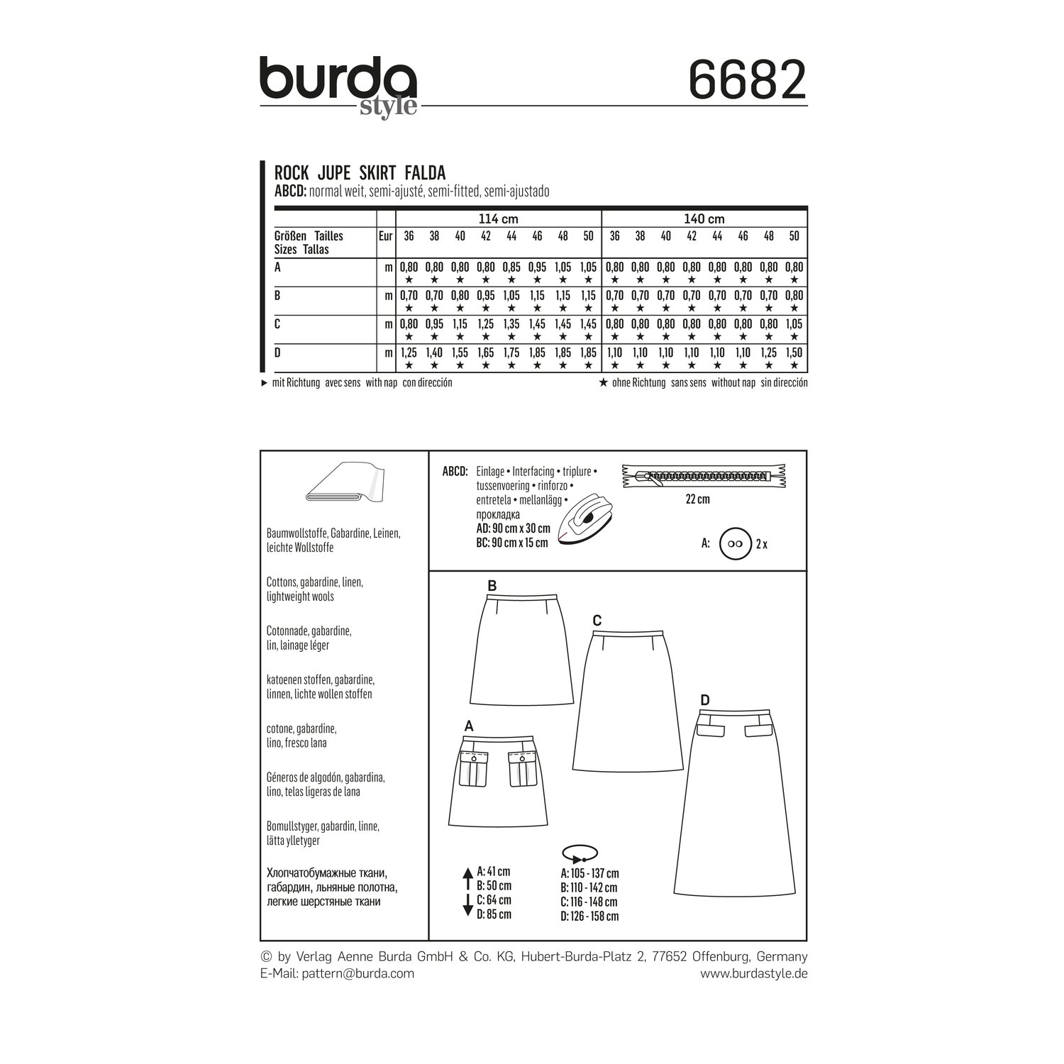 burda style Schnittmuster 6682: Leicht ausgestellter Rock, Rückseite der Schnittmustertüte mit Stoffverbrauch