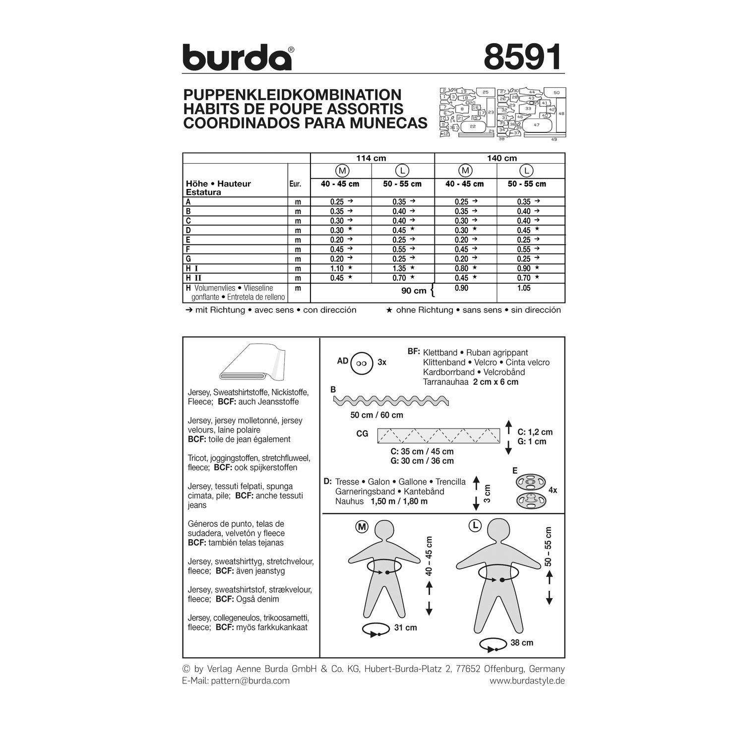 burda style Schnittmuster 8591: Puppenkleidung mit Tragetasche, Rückseite der Schnittmustertüte mit Stoffverbrauch