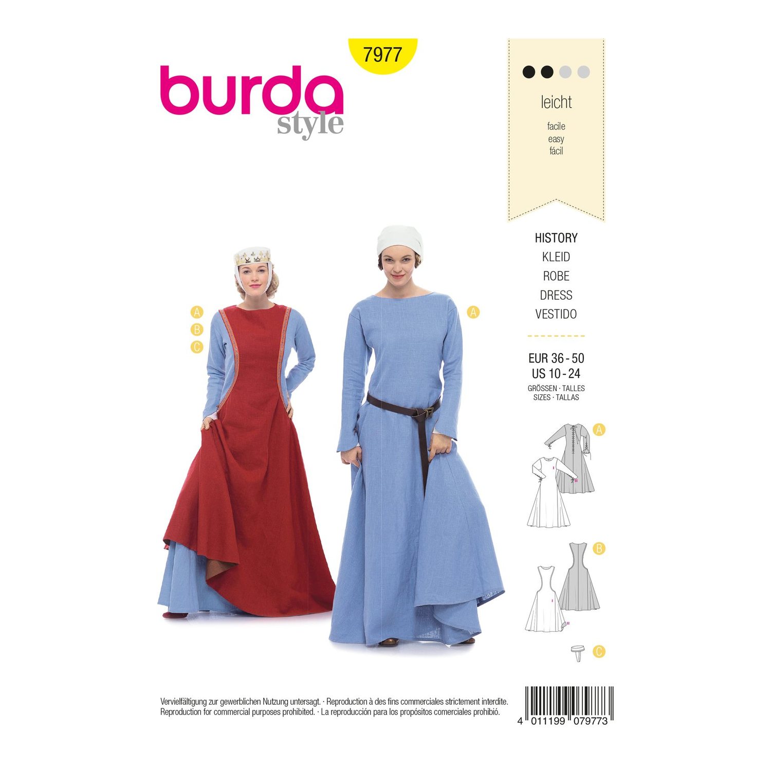 burda style Schnittmuster 7977: Mittelalterkleid mit Kappe, Vorderseite der Schnittmustertüte
