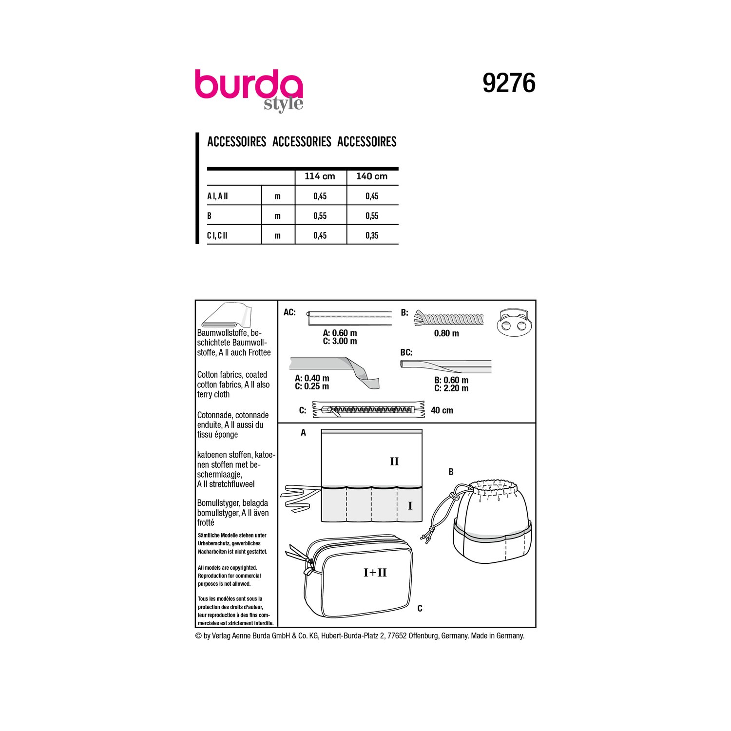 burda style Schnittmuster 9276: Wickelmappe, Beutel und Kulturtasche, Rückseite der Schnittmustertüte mit Stoffverbrauch