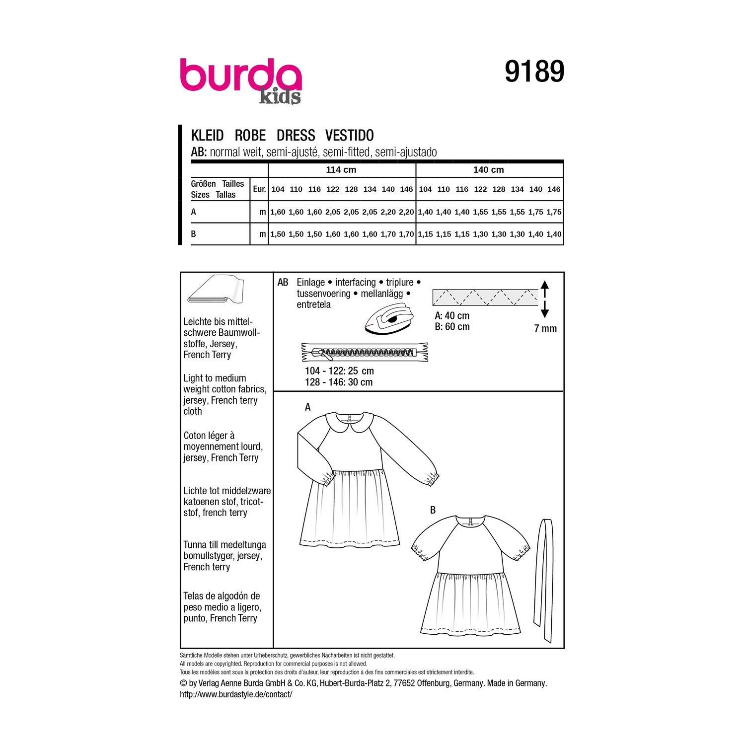 burda style Schnittmuster 9189: Hängerkleid und Sweatkleid, Rückseite der Schnittmustertüte mit Stoffverbrauch