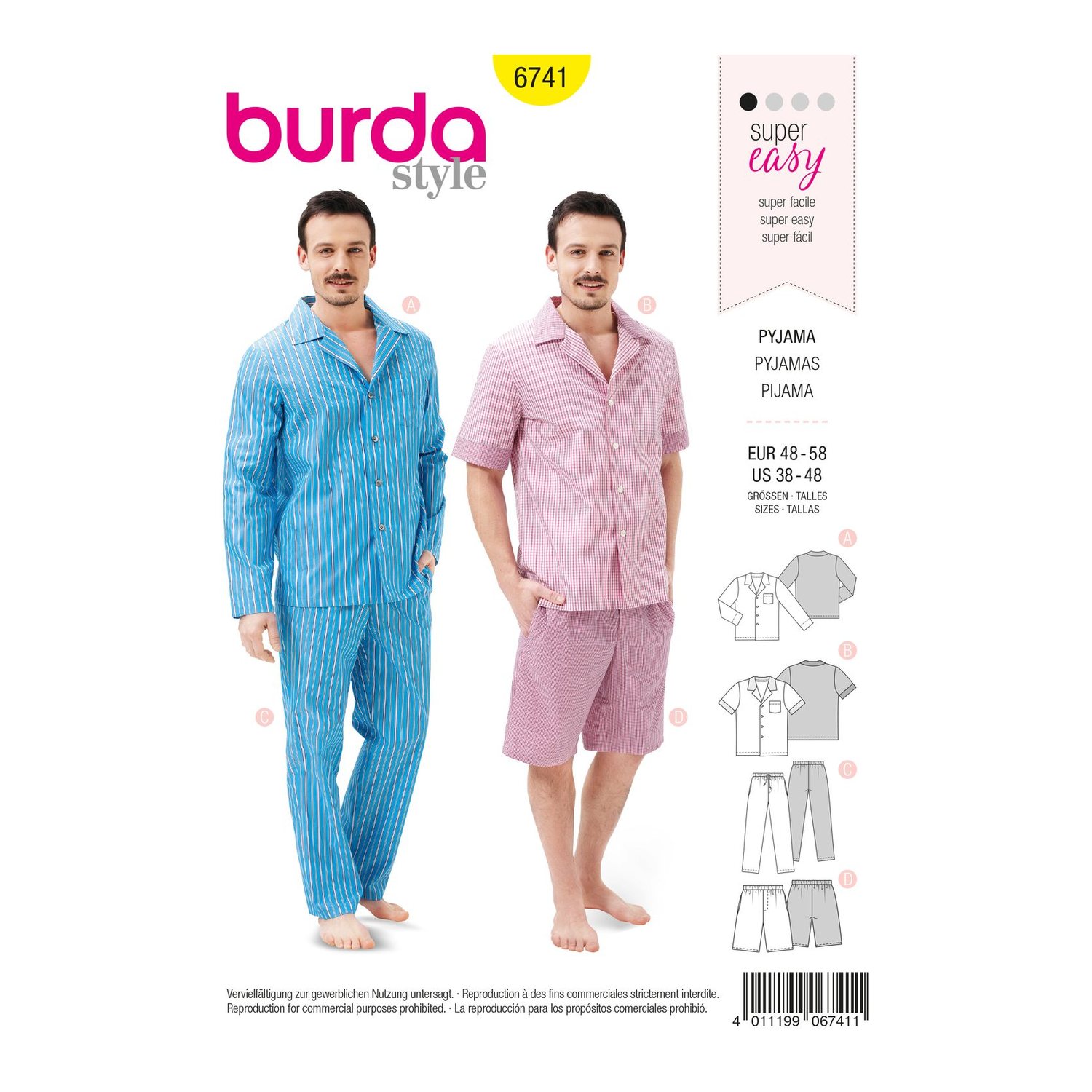 burda style Schnittmuster 6741: Klassischer Herrenpyjama, Vorderseite der Schnittmustertüte
