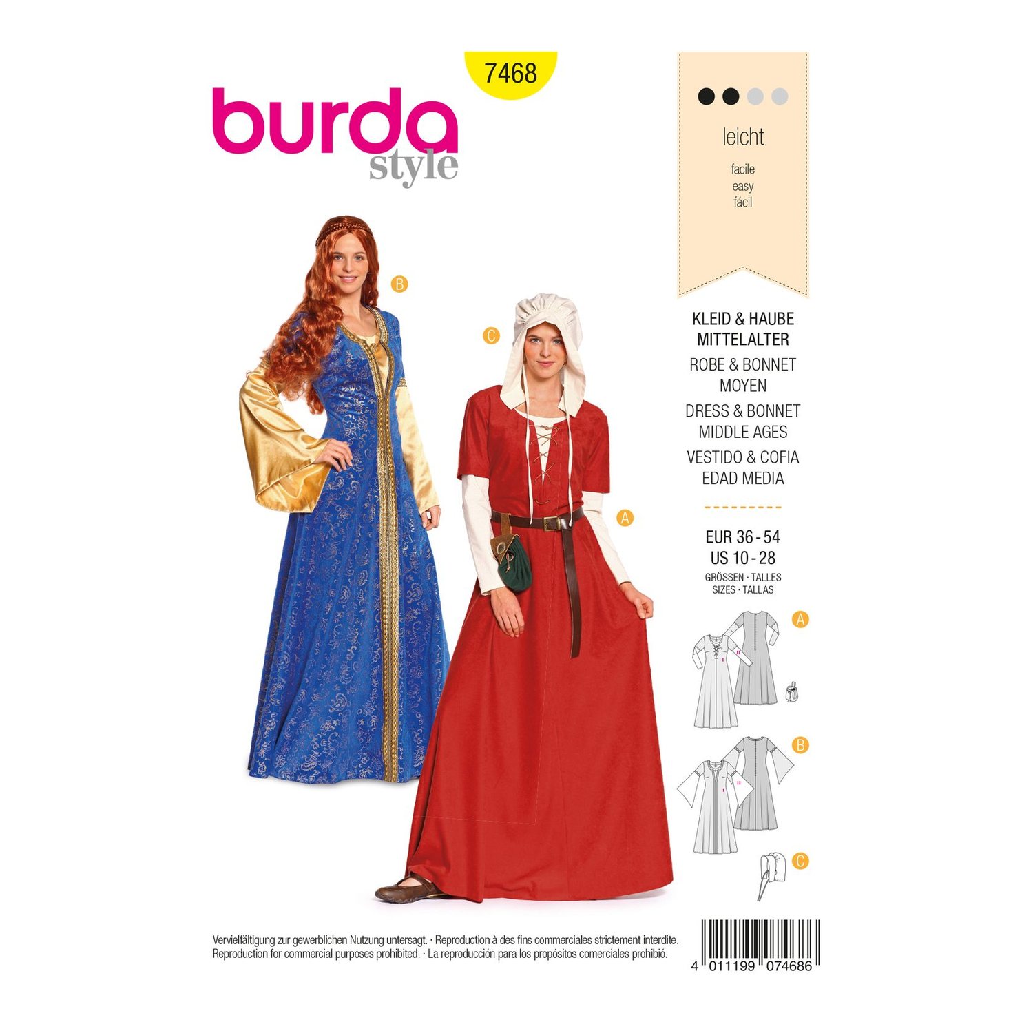 burda style Schnittmuster 7468: Mittelalterkleid mit Haube, Vorderseite der Schnittmustertüte