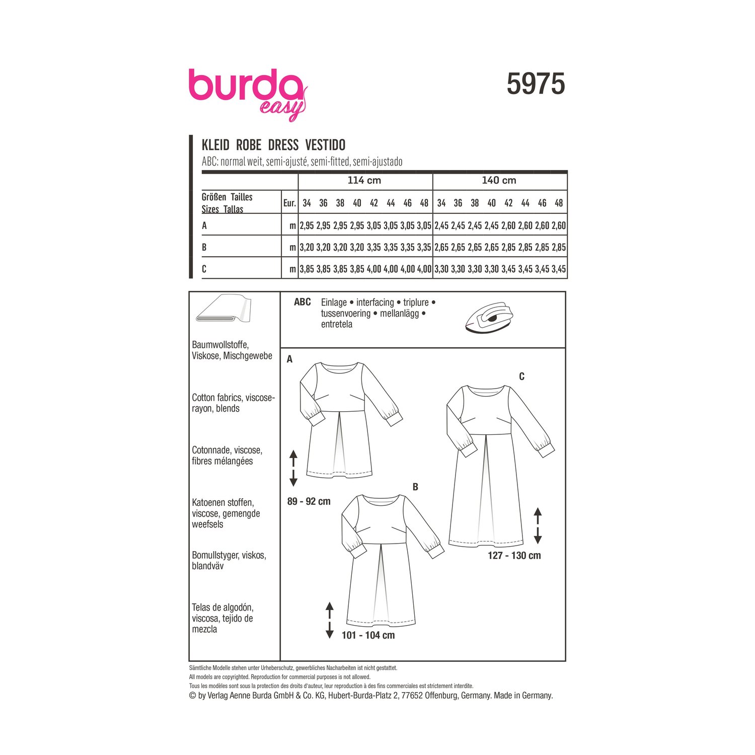 burda style Schnittmuster 5975: Kleid mit U-Boot-Ausschnitt, Rückseite der Schnittmustertüte mit Stoffverbrauch