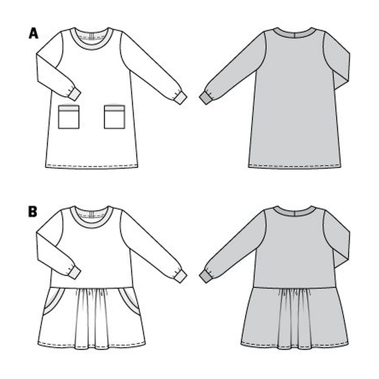 burda style Schnittmuster 9286: Shirtkleid mit Bündchen, Technische Zeichnung