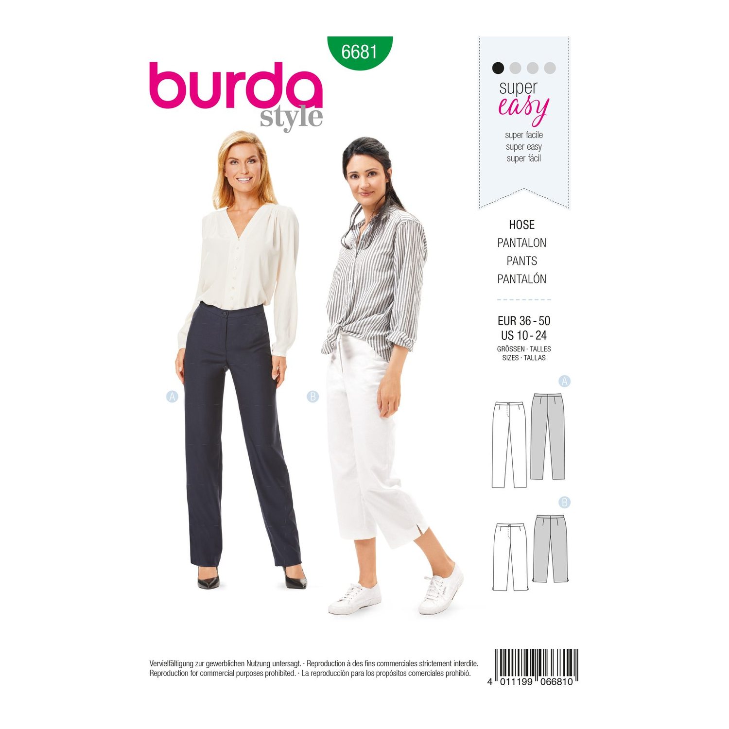 burda style Schnittmuster 6681: Schmale Hose in zwei Längen, Vorderseite der Schnittmustertüte