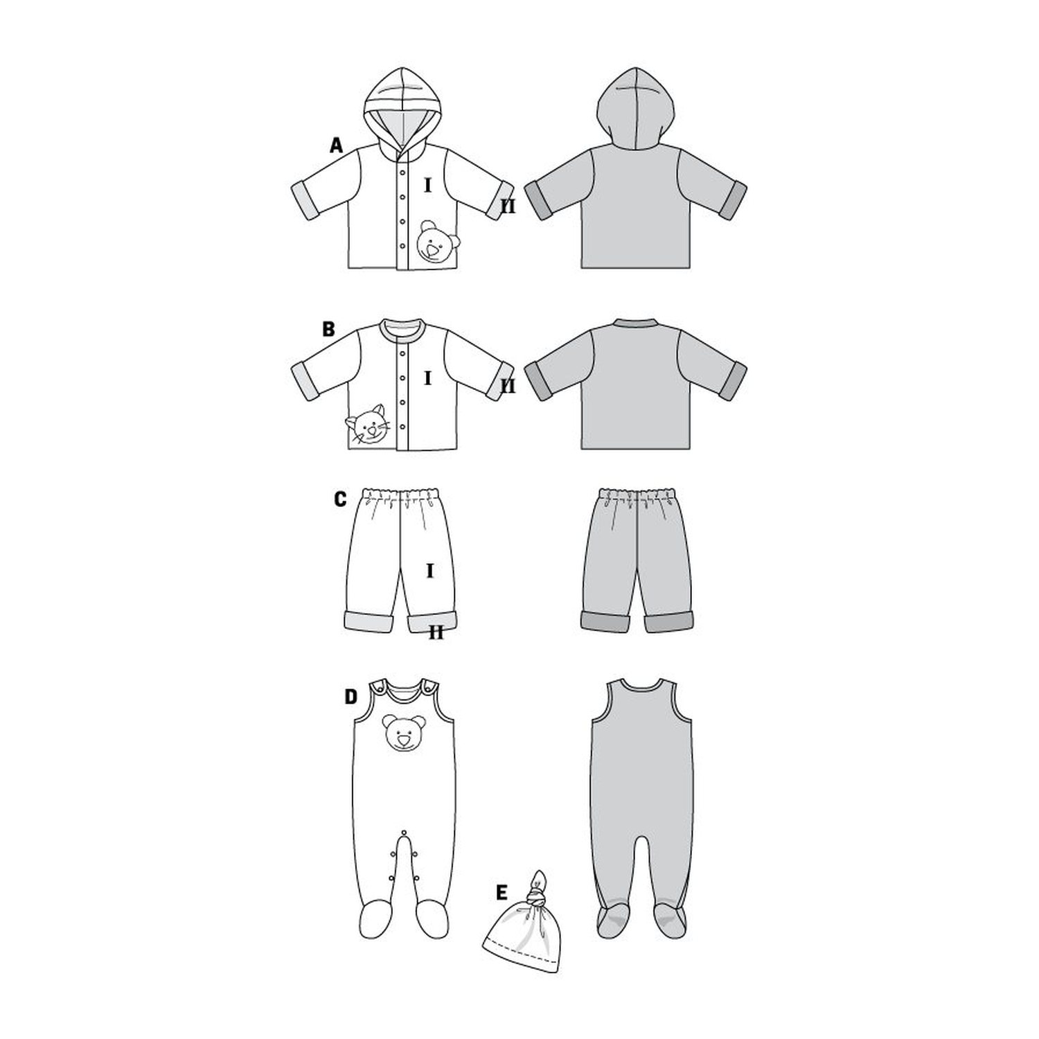 burda style Schnittmuster 9636: Babyjacke, Hose und Zipfelmütze, Technische Zeichnung