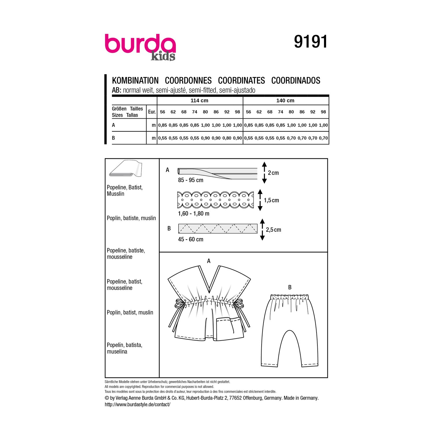 burda style Schnittmuster 9191: Tunika und Hose mit weitem Bein, Rückseite der Schnittmustertüte mit Stoffverbrauch