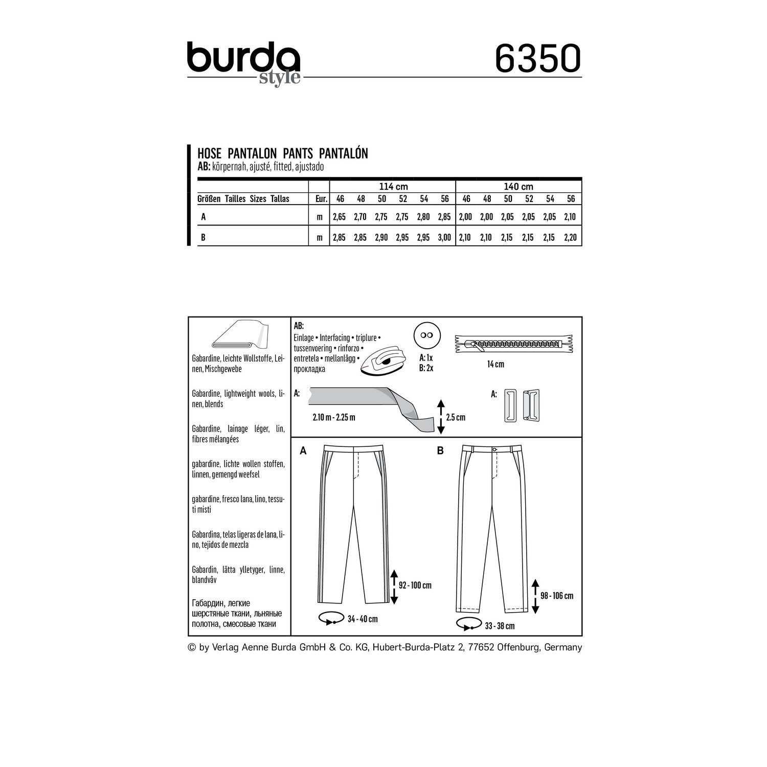 burda style Schnittmuster 6350: Herrenhose mit Kontrastband, Rückseite der Schnittmustertüte mit Stoffverbrauch