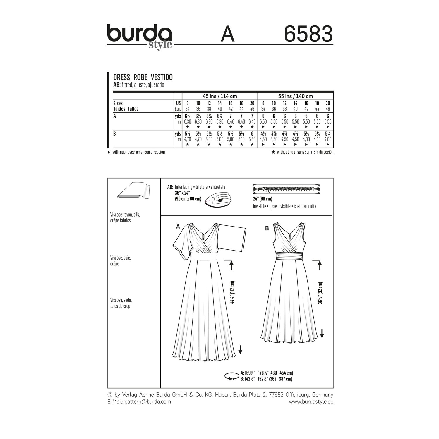 burda style Schnittmuster 6583: Ballkleid mit Bahnenrock, Rückseite der Schnittmustertüte mit Stoffverbrauch