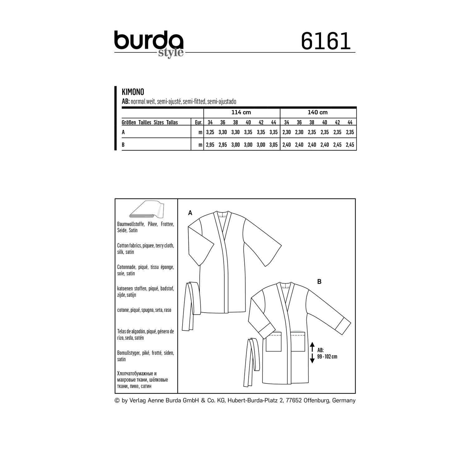 burda style Schnittmuster 6161: Kimono und Bademantel, Rückseite der Schnittmustertüte mit Stoffverbrauch