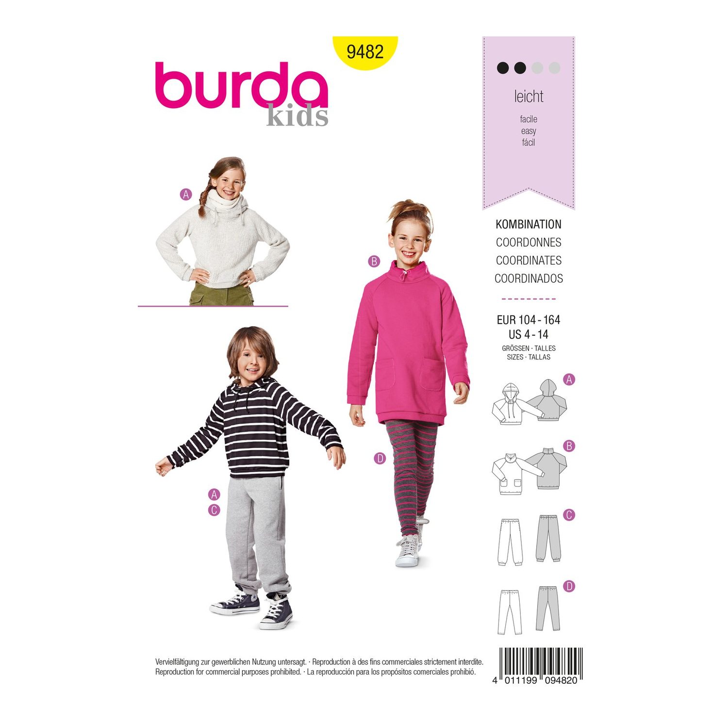burda style Schnittmuster 9482: Kapuzenshirt, Hose und Leggings, Vorderseite der Schnittmustertüte