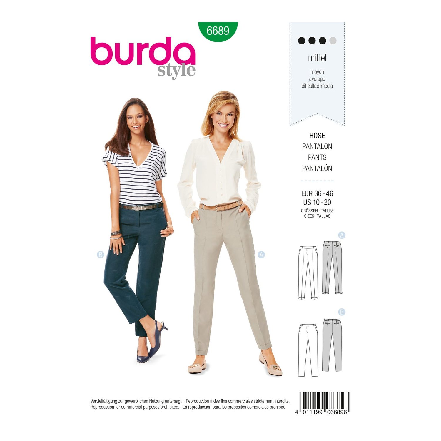 burda style Schnittmuster 6689: Schmale Hose mit Formbund, Vorderseite der Schnittmustertüte