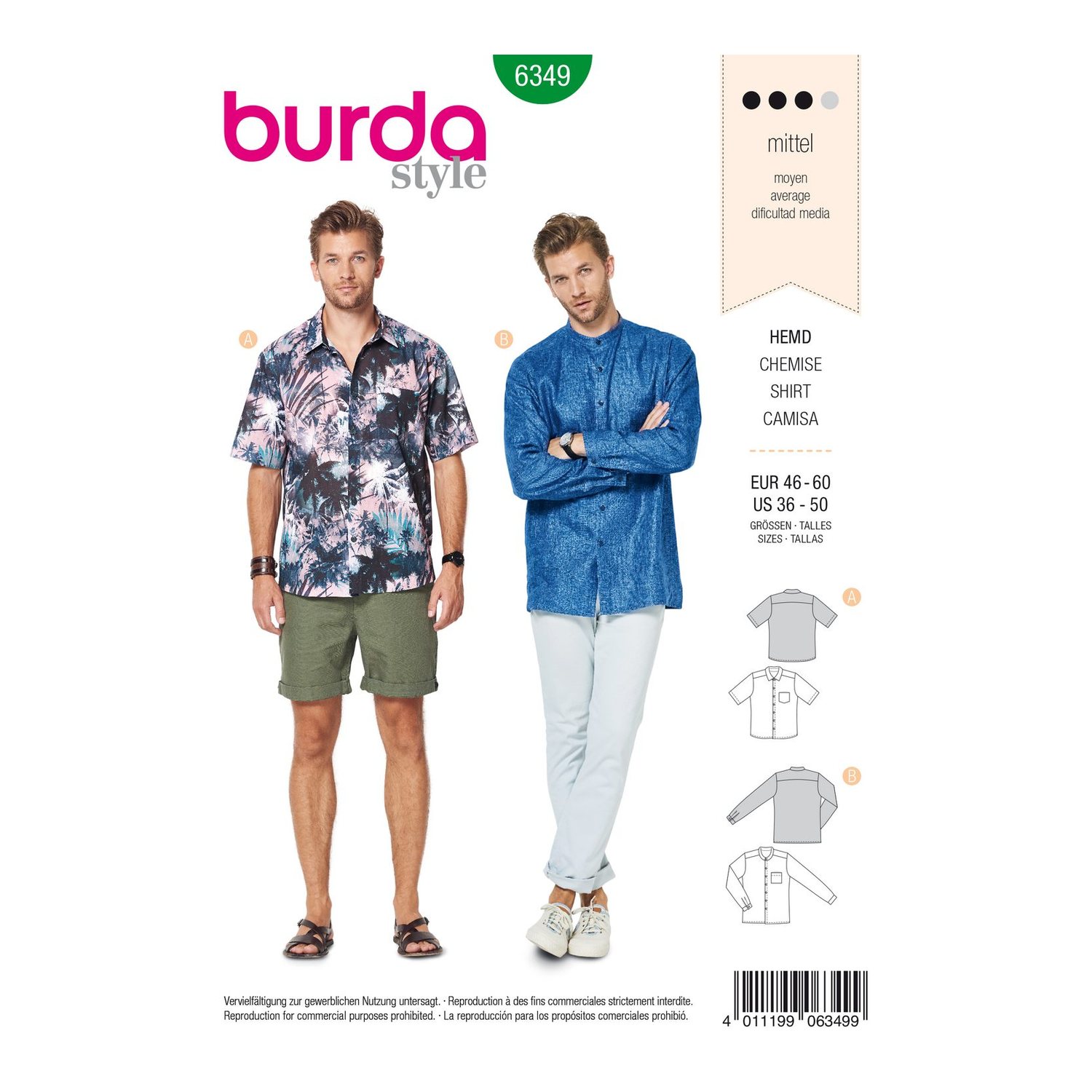 burda style Schnittmuster 6349: Herrenhemd mit Kragen oder Stehkragen, Vorderseite der Schnittmustertüte