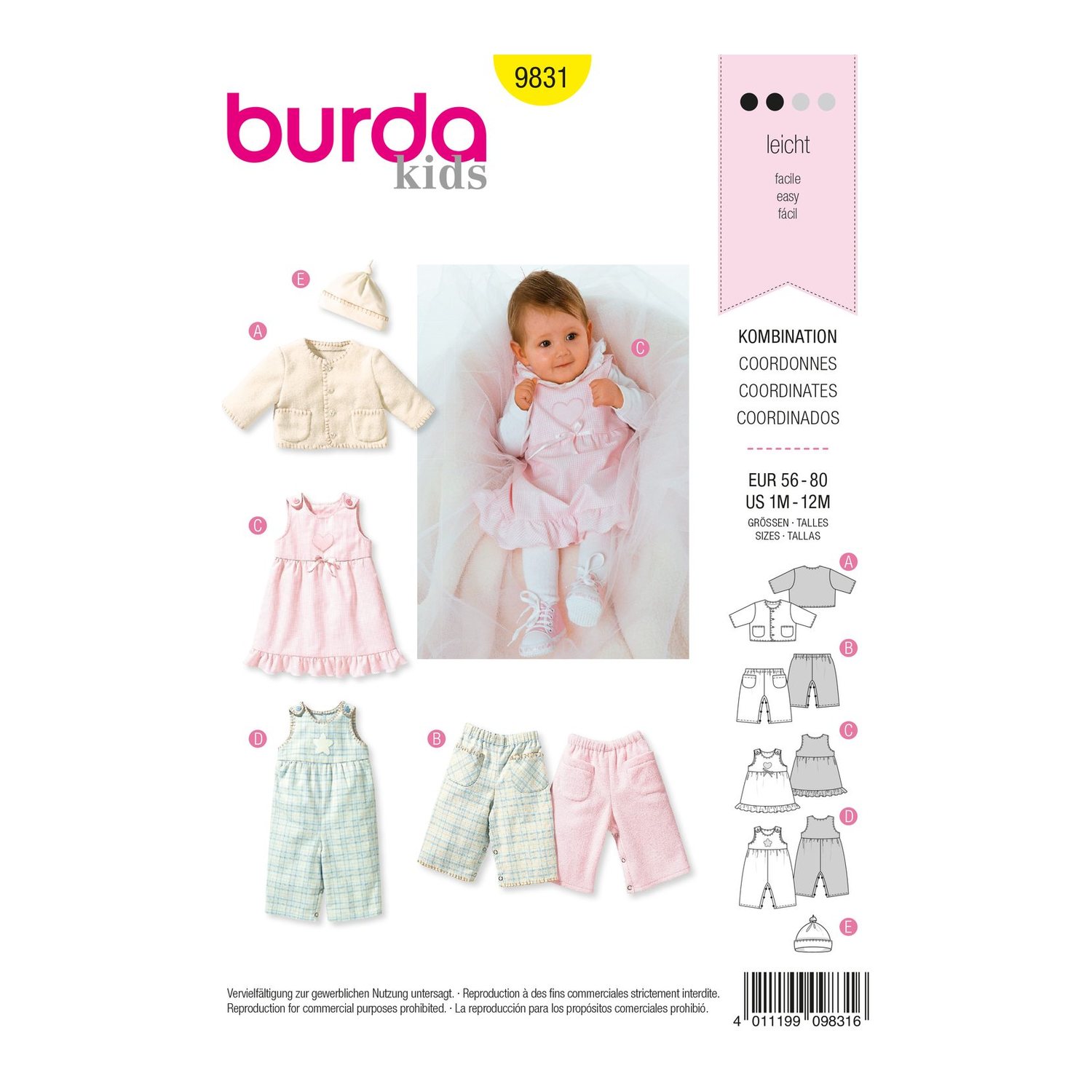 burda style Schnittmuster 9831: Babykombination zum Selbernähen, Vorderseite der Schnittmustertüte