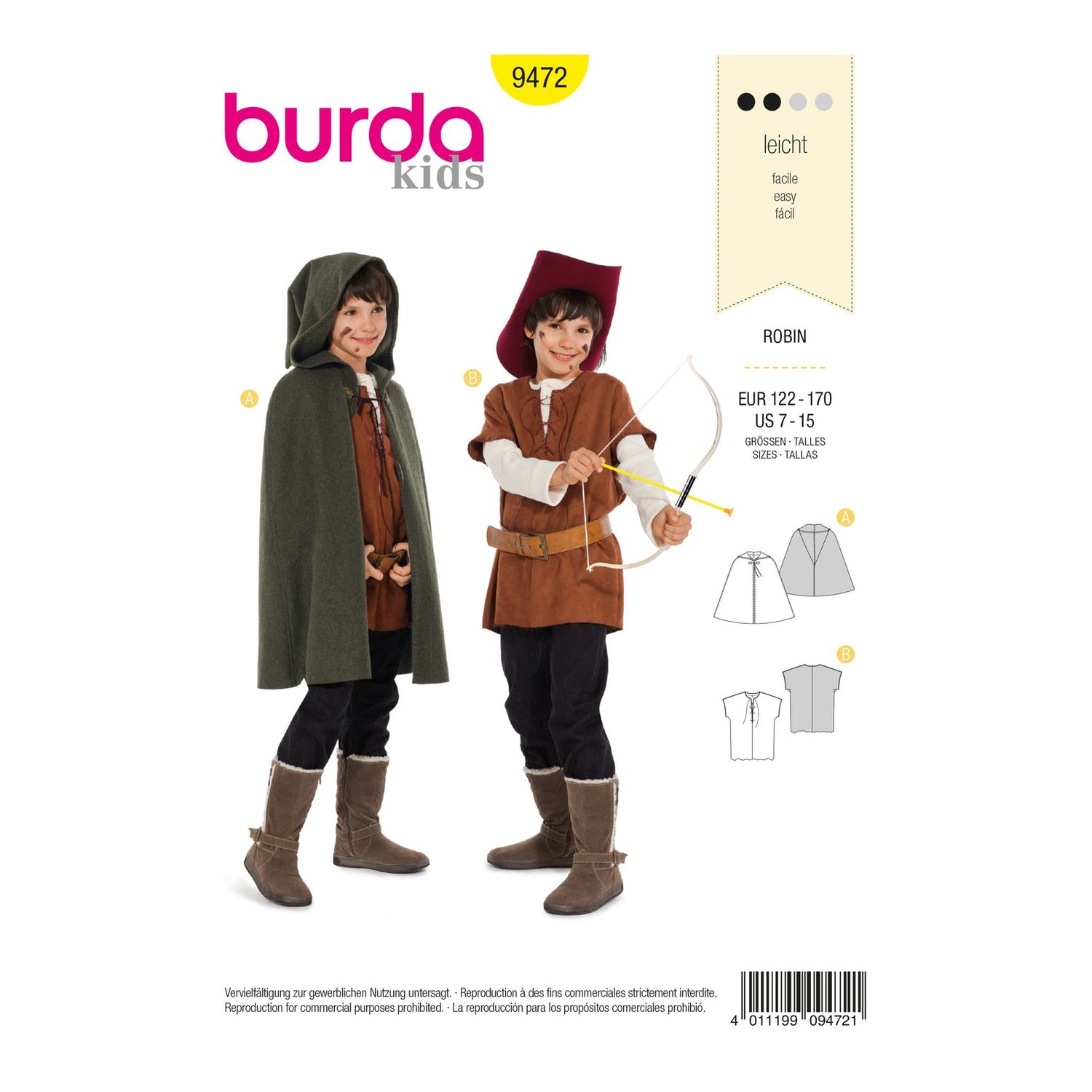 burda style Schnittmuster 9472: Robin-Kostüm für Kinder, Vorderseite der Schnittmustertüte