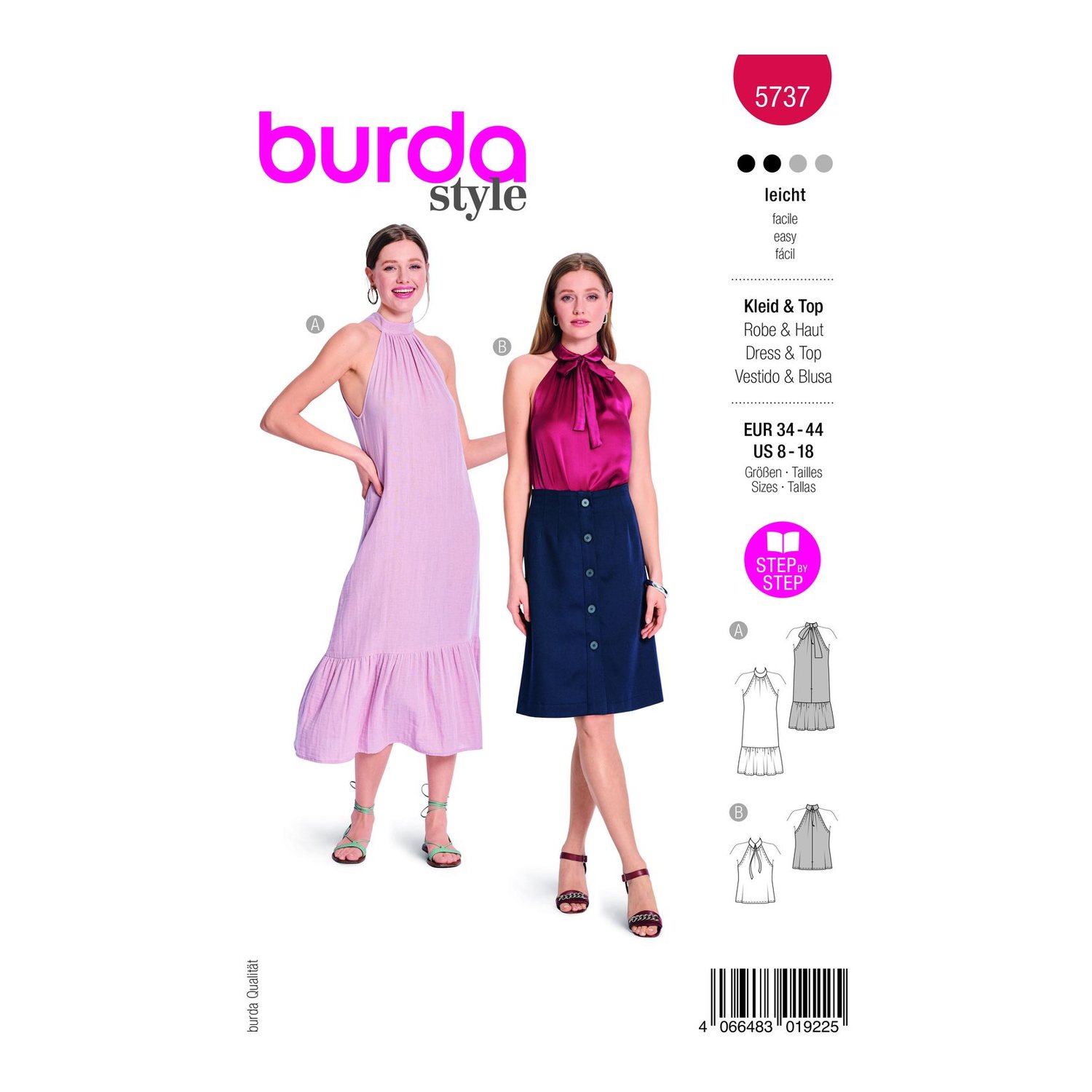 burda style Schnittmuster 5737: Neckholderkleid und Top mit Kragen, Modellfoto 1