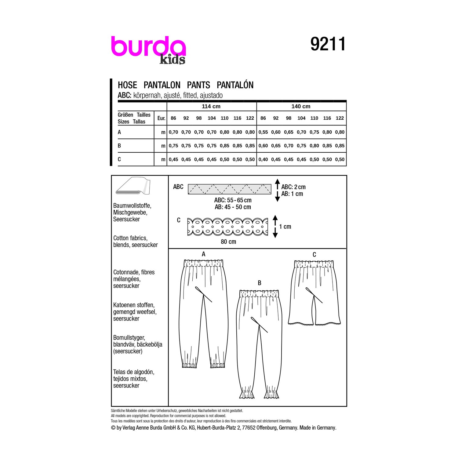burda style Schnittmuster 9211: Kinderhose und Shorts, Rückseite der Schnittmustertüte mit Stoffverbrauch