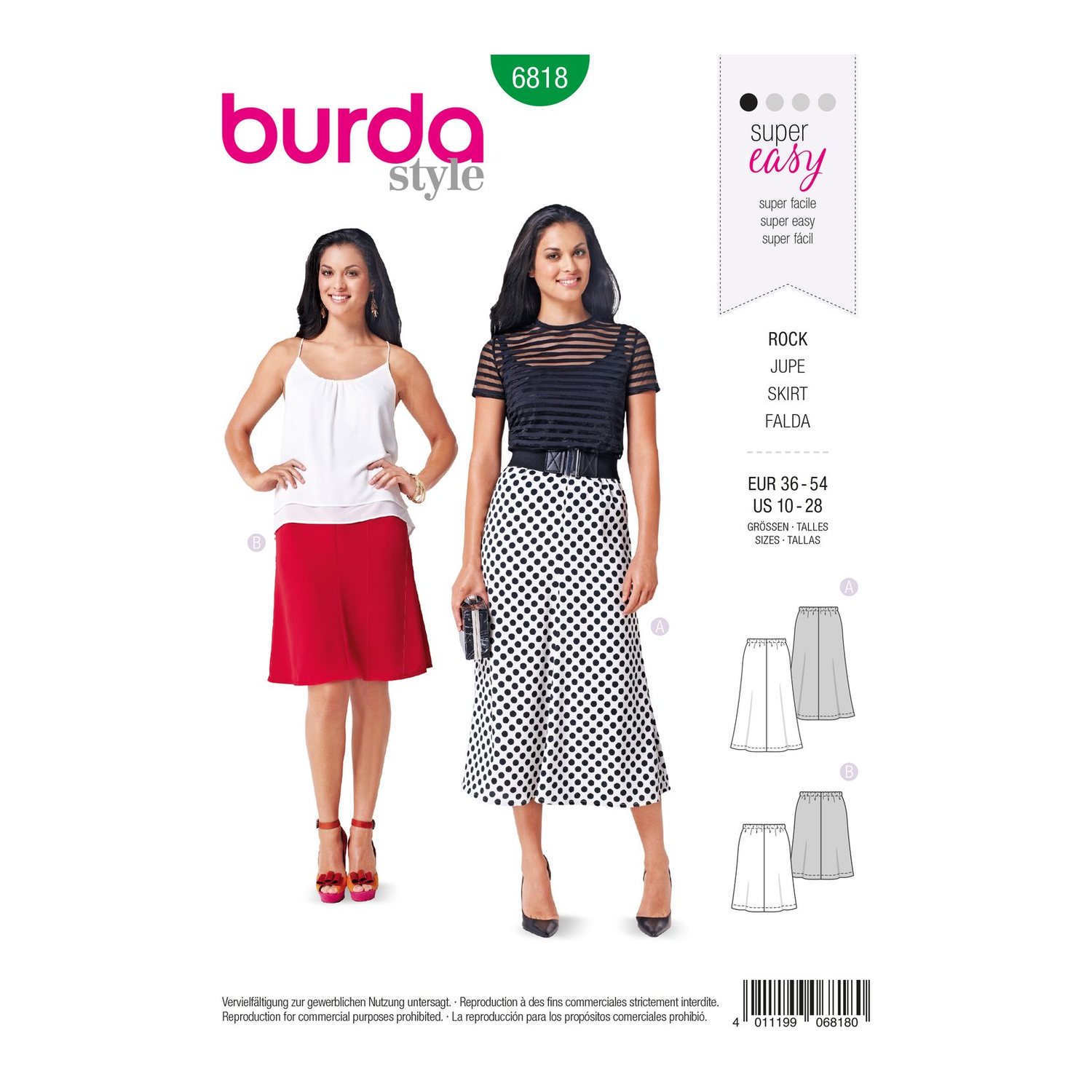 burda style Schnittmuster 6818: Sommerrock mit Gummizug, Vorderseite der Schnittmustertüte