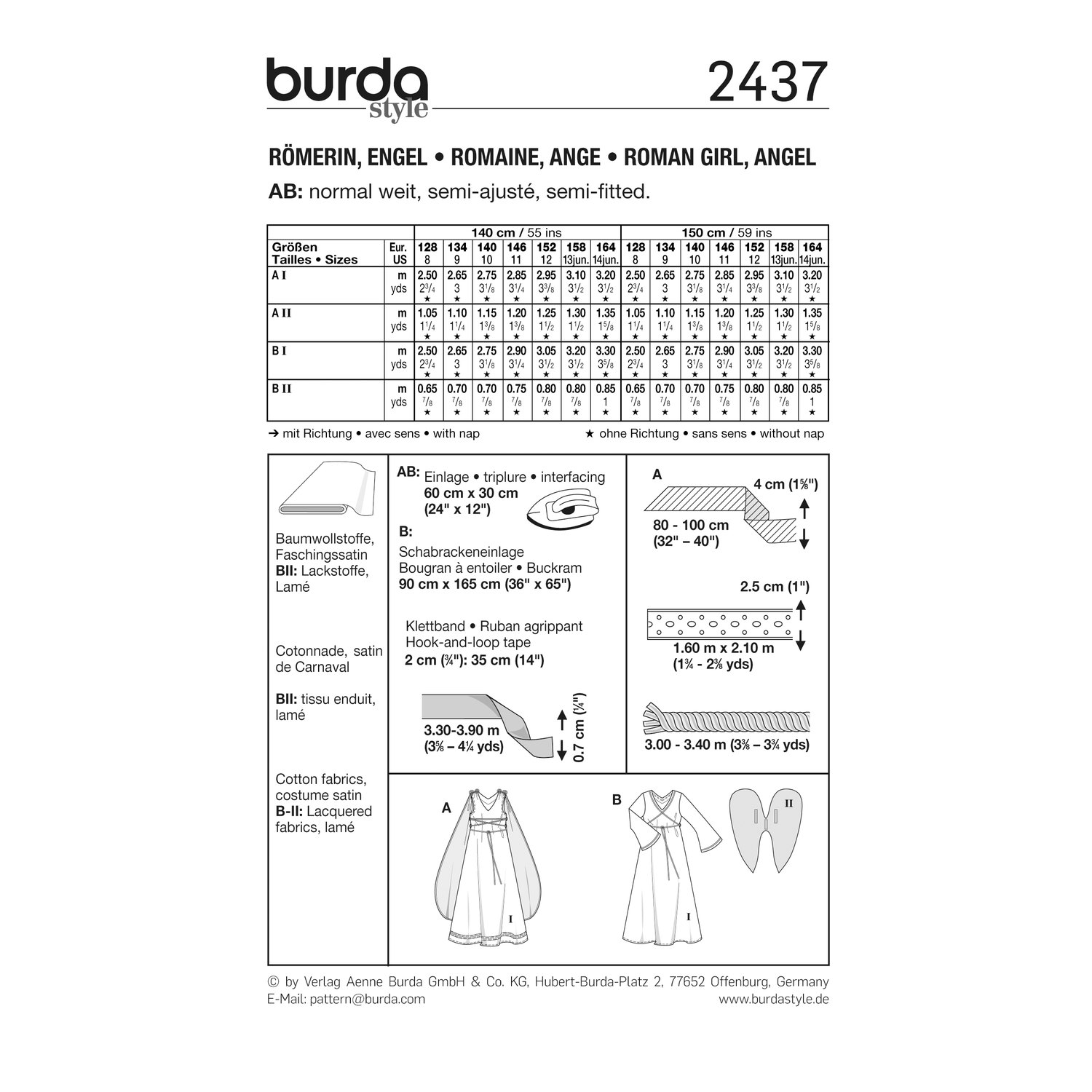 burda style Schnittmuster 2437: Kostüme Römerin und Engel, Rückseite der Schnittmustertüte mit Stoffverbrauch