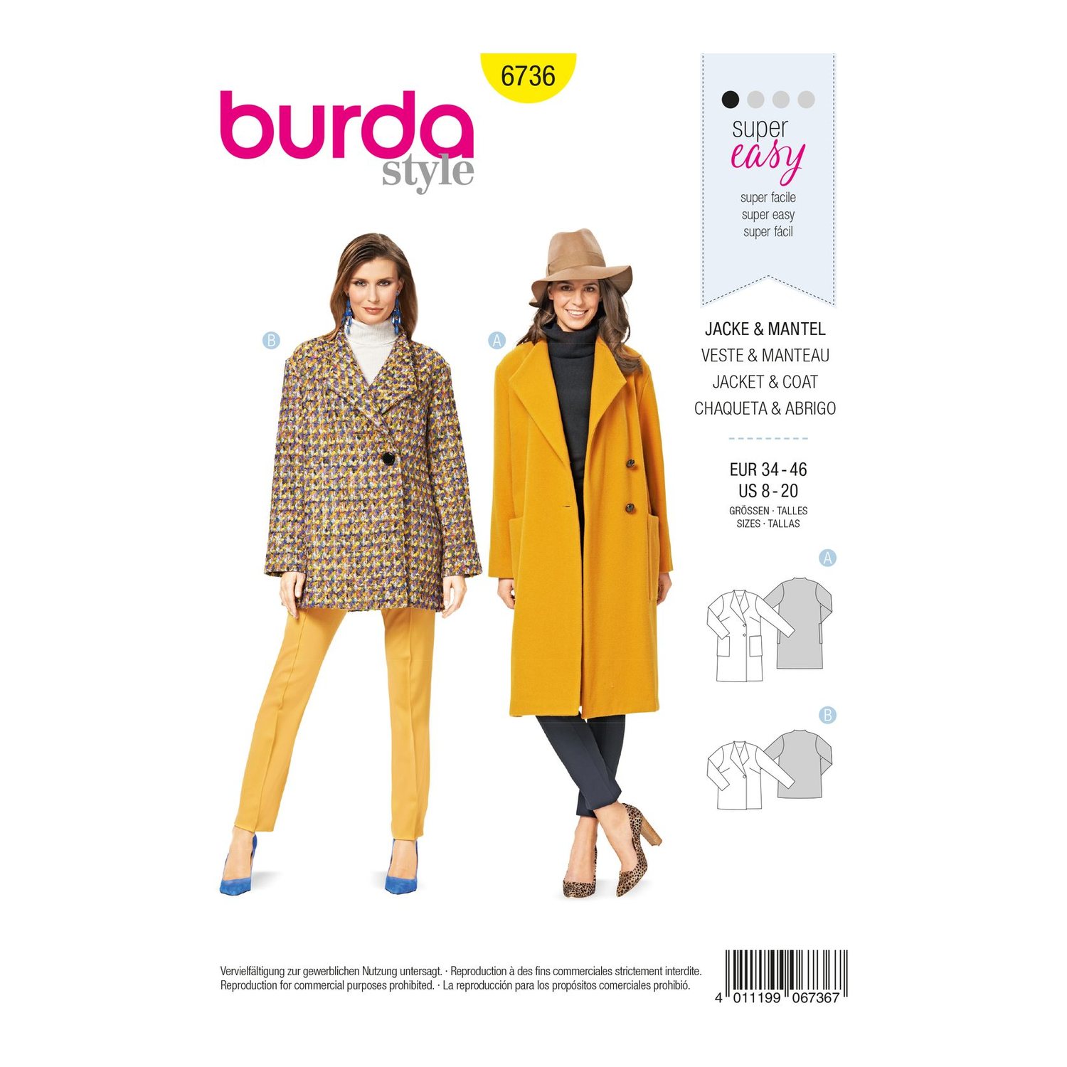 burda style Schnittmuster 6736: Jacke und Mantel mit Spatenkragen, Vorderseite der Schnittmustertüte