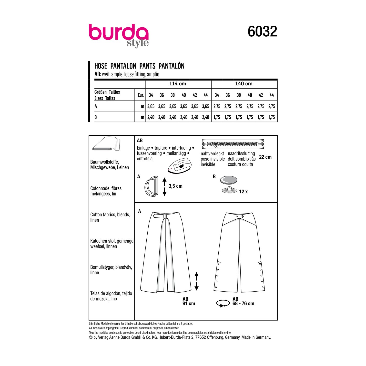 burda style Schnittmuster 6032: Culotte mit Zierverschluss, Rückseite der Schnittmustertüte mit Stoffverbrauch
