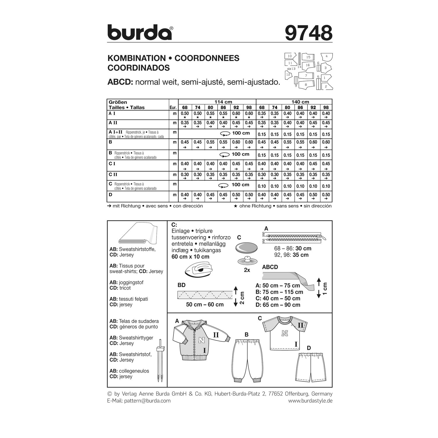 burda style Schnittmuster 9748: Kapuzenjacke, Shirt und Hosen, Rückseite der Schnittmustertüte mit Stoffverbrauch