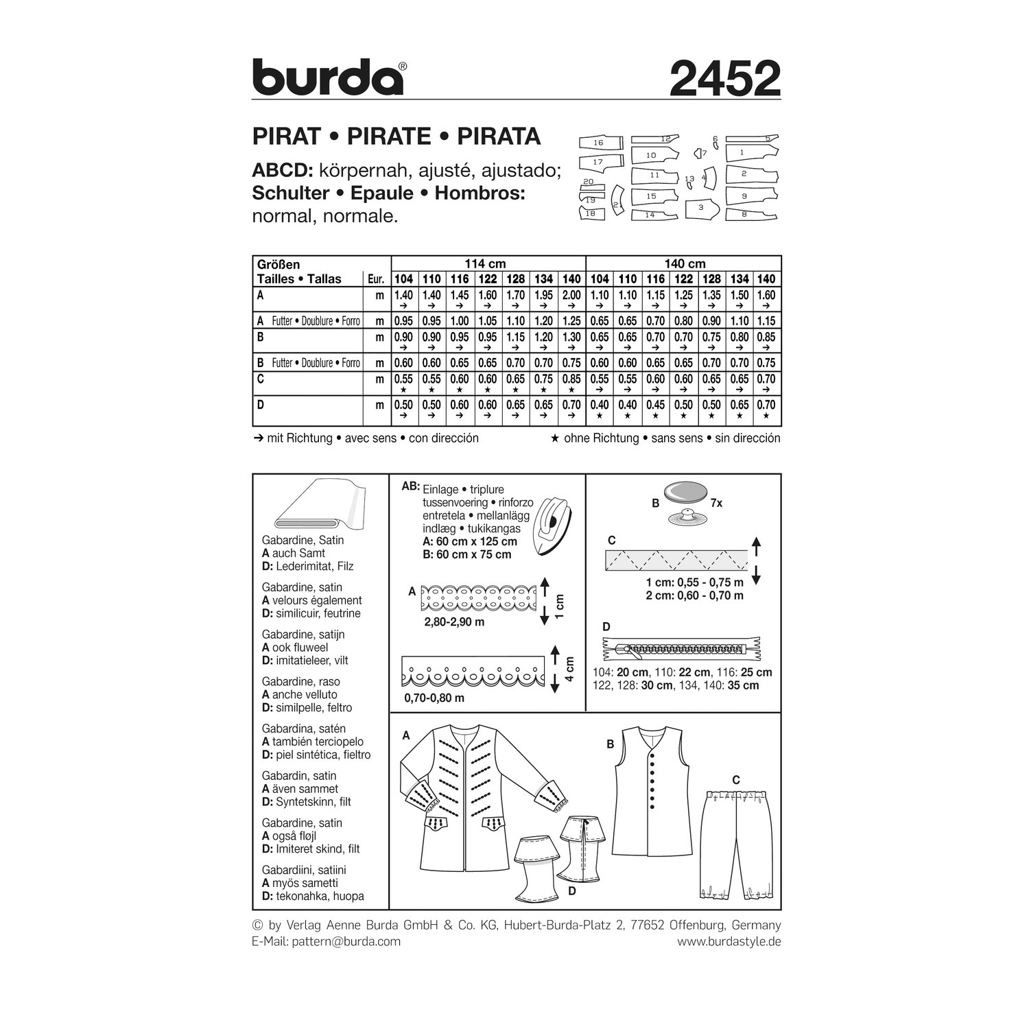 burda style Schnittmuster 2452: Piratenkostüm für Kinder, Rückseite der Schnittmustertüte mit Stoffverbrauch