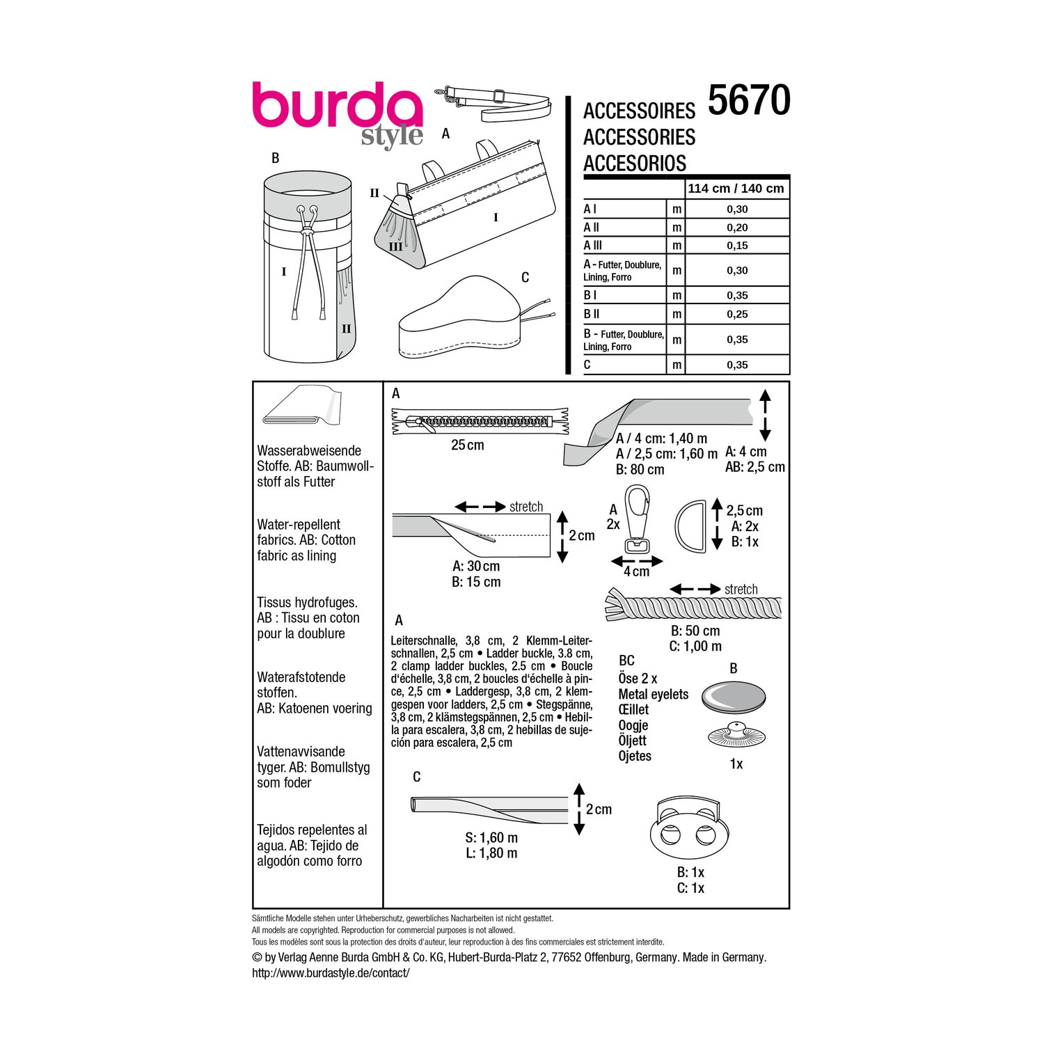 burda style Schnittmuster 5670: Fahrradset mit Lenkertasche, Rückseite der Schnittmustertüte mit Stoffverbrauch