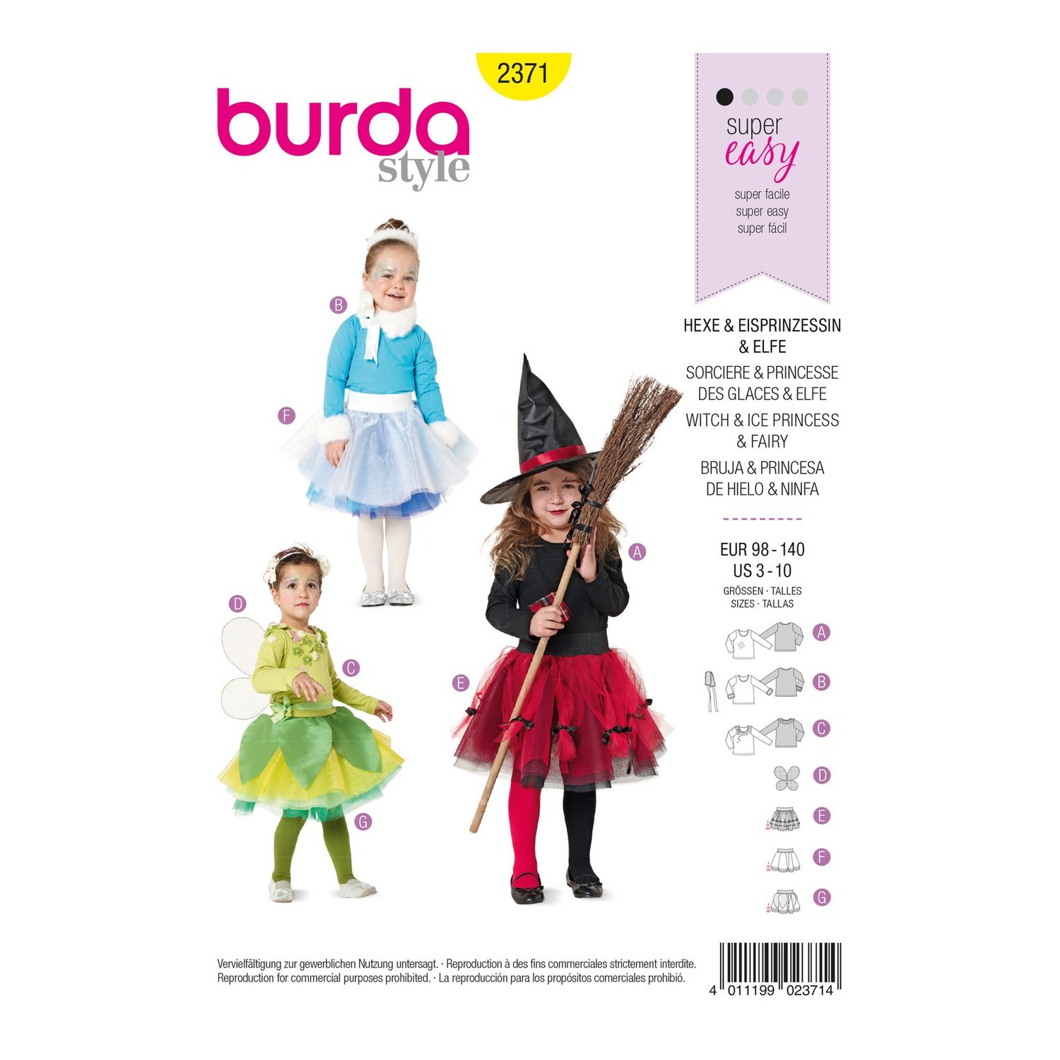 burda style Schnittmuster 2371: Kostüme Hexe, Eisprinzessin und Elfe, Vorderseite der Schnittmustertüte