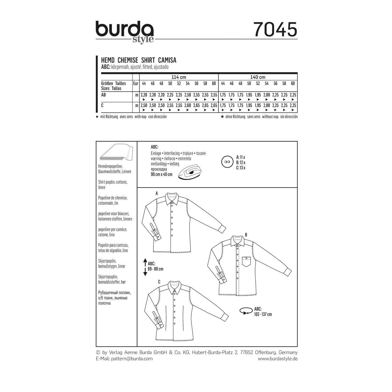 burda style Schnittmuster 7045: Herrenhemd mit drei Kragen, Rückseite der Schnittmustertüte mit Stoffverbrauch