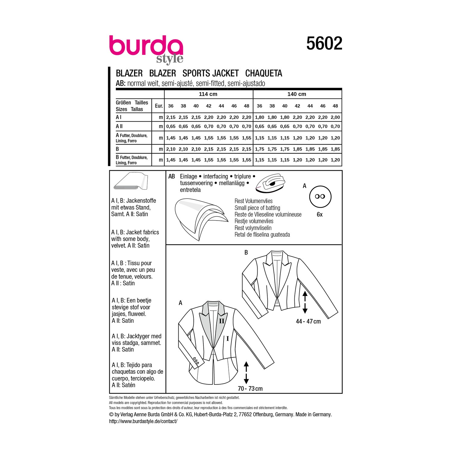 burda style Schnittmuster 5602: Spencer-Blazer und Spencerjacke, Rückseite der Schnittmustertüte mit Stoffverbrauch