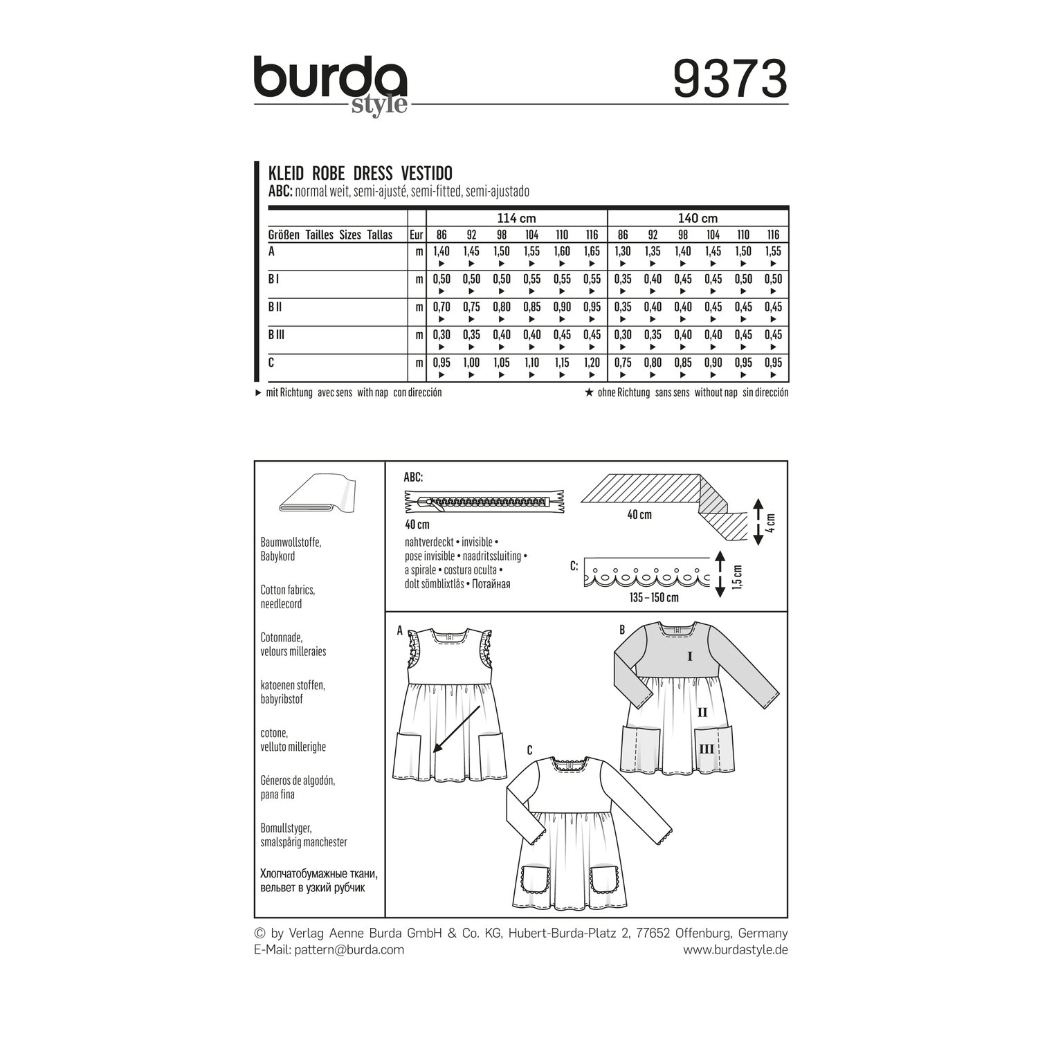 burda style Schnittmuster 9373: Kleid für Kinder, Rückseite der Schnittmustertüte mit Stoffverbrauch