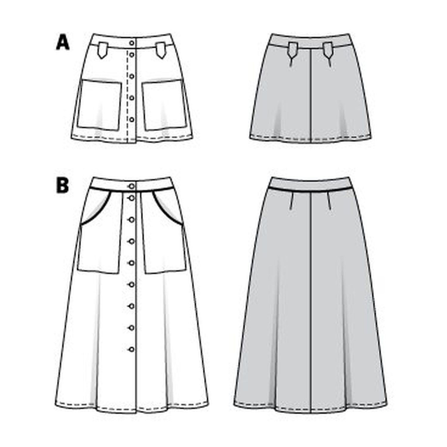 burda style Schnittmuster 6252: Ausgestellter Rock mit Formbund, Technische Zeichnung