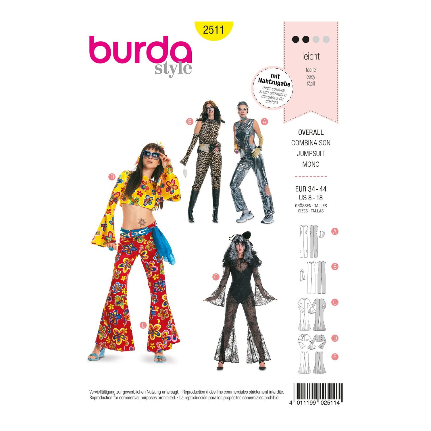 burda style Schnittmuster 2511: Kostüm-Overall für Damen, Vorderseite der Schnittmustertüte