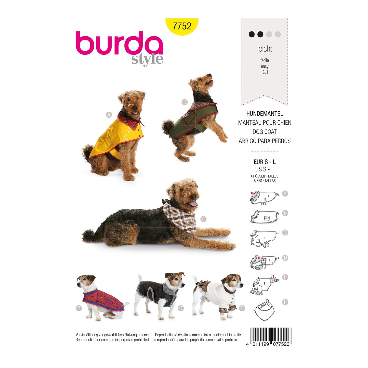 burda style Schnittmuster 7752: Hundemantel in fünf Varianten, Vorderseite der Schnittmustertüte