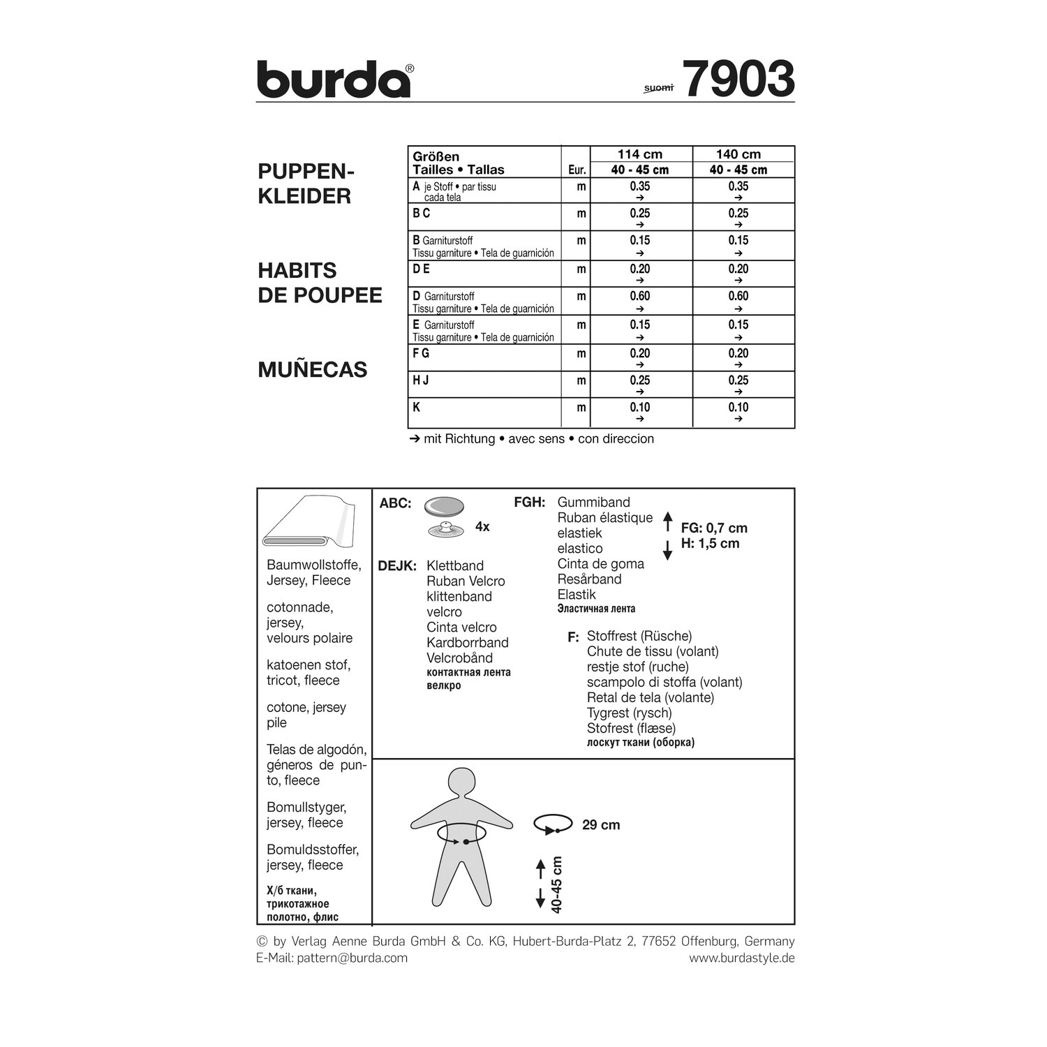 burda style Schnittmuster 7903: Puppengarderobe mit Stiefeln, Rückseite der Schnittmustertüte mit Stoffverbrauch