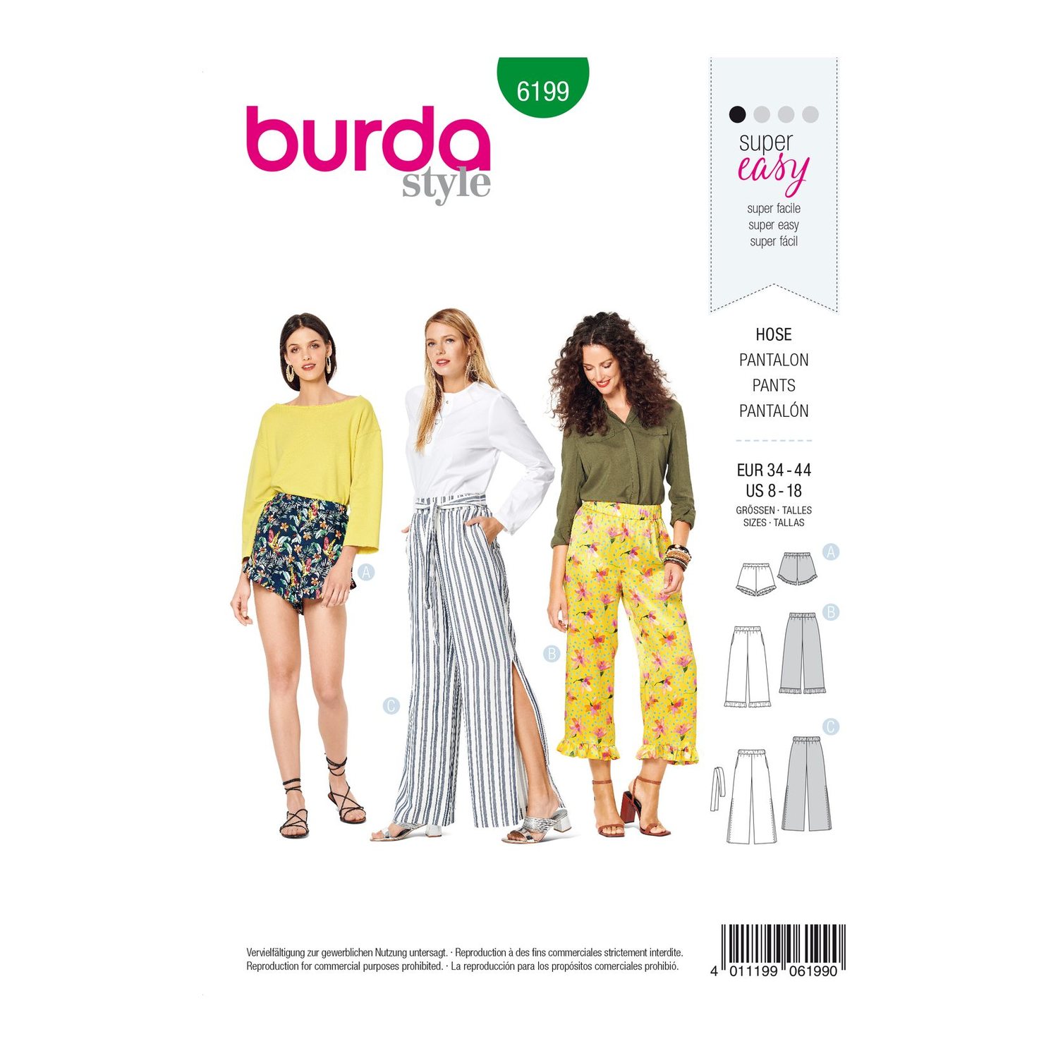 burda style Schnittmuster 6199: Shorts und Hosen mit Gummizug, Vorderseite der Schnittmustertüte