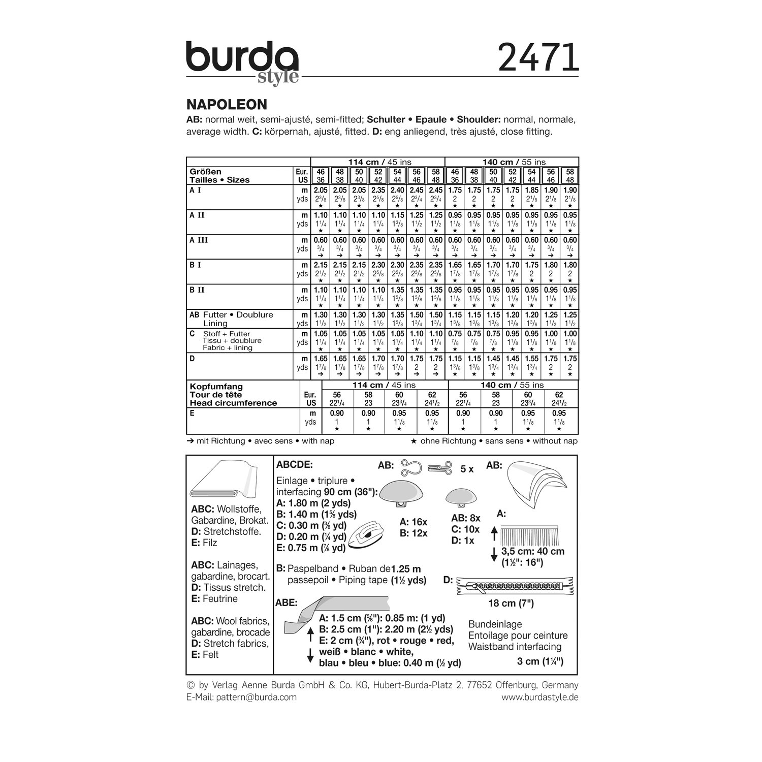 burda style Schnittmuster 2471: Napoleon-Kostüm mit Uniformjacke, Rückseite der Schnittmustertüte mit Stoffverbrauch