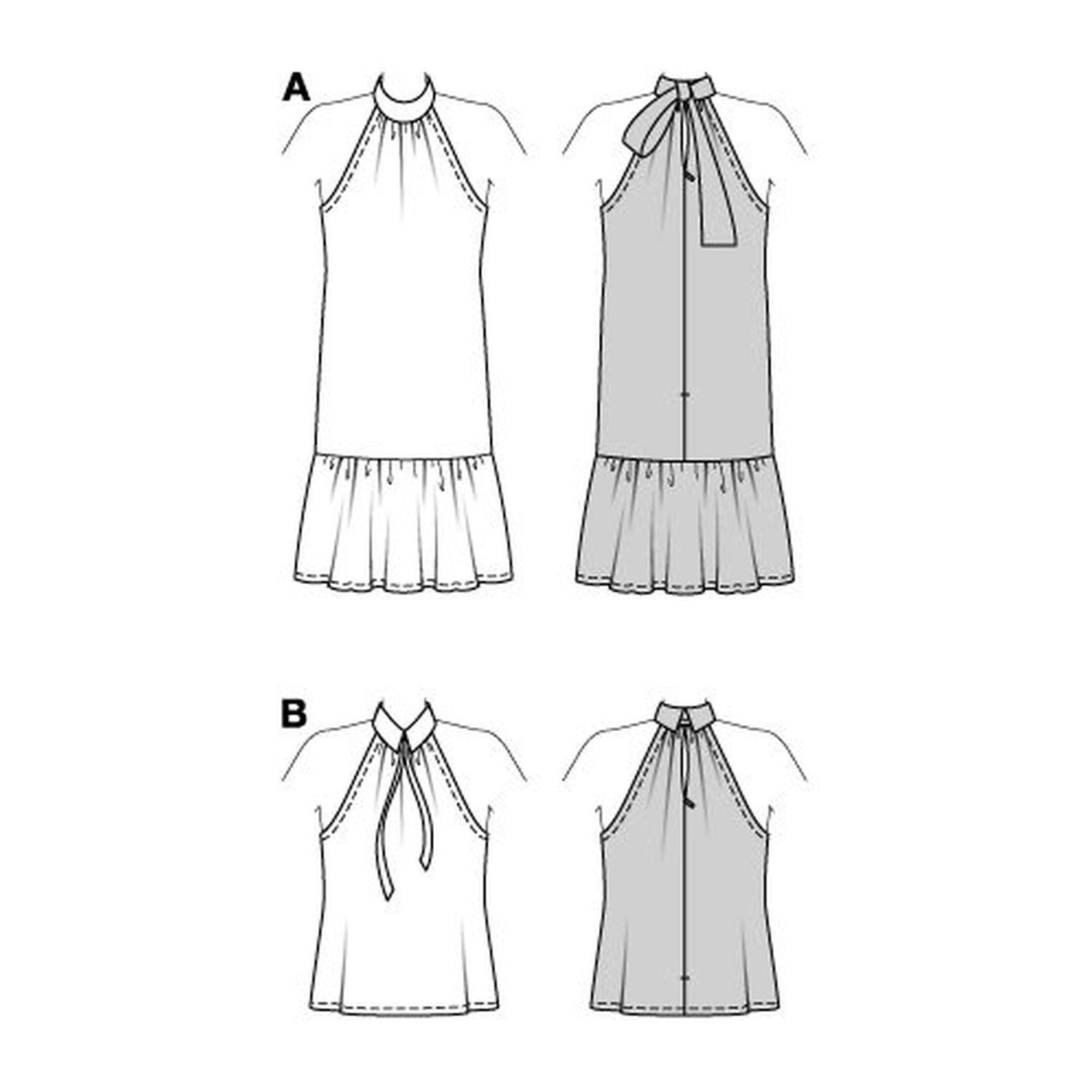 burda style Schnittmuster 5737: Neckholderkleid und Top mit Kragen, Technische Zeichnung