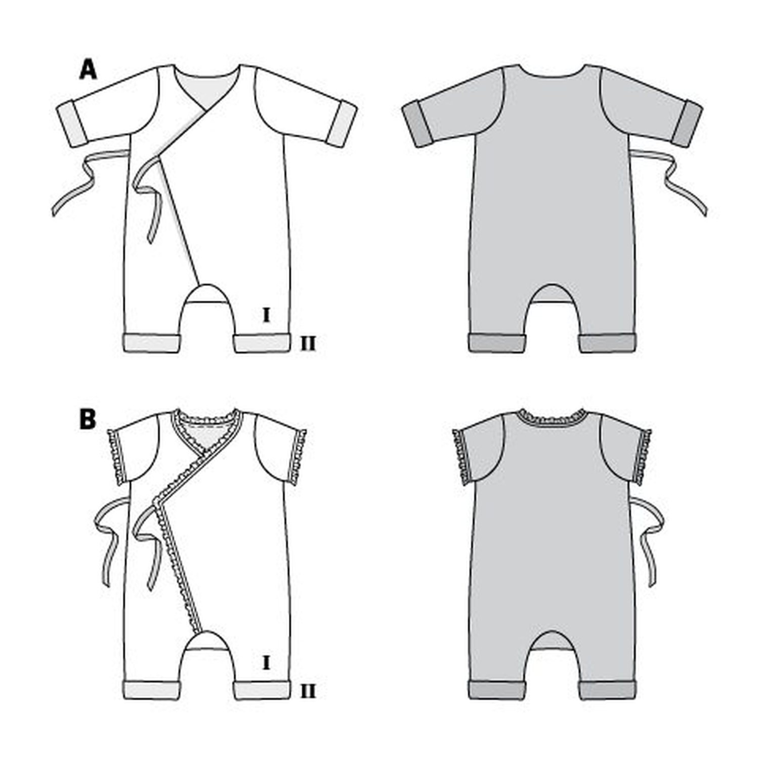 burda style Schnittmuster 9314: Gedoppelter Wickelstrampler, Technische Zeichnung
