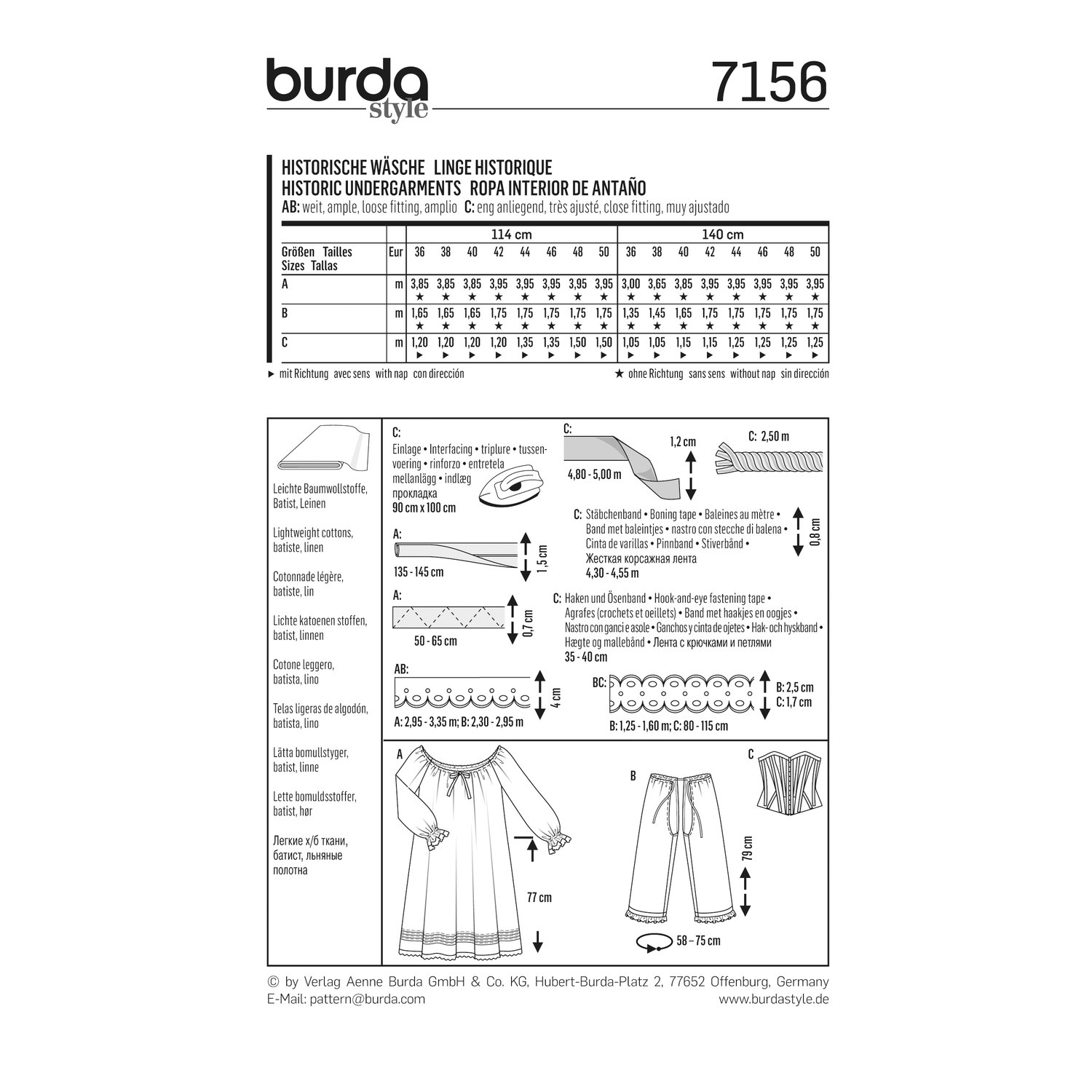 burda style Schnittmuster 7156: Mittelalterliches Hemd und Mieder, Rückseite der Schnittmustertüte mit Stoffverbrauch
