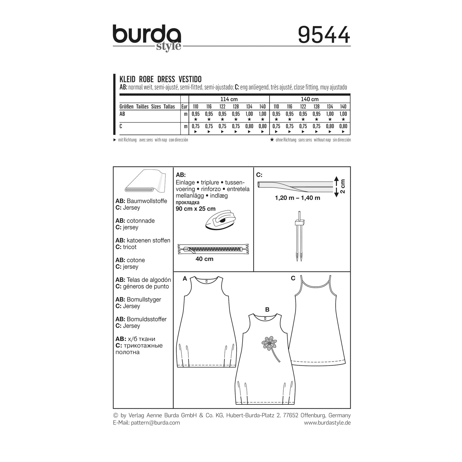 burda style Schnittmuster 9544: Ballonkleid und Jerseykleid, Rückseite der Schnittmustertüte mit Stoffverbrauch